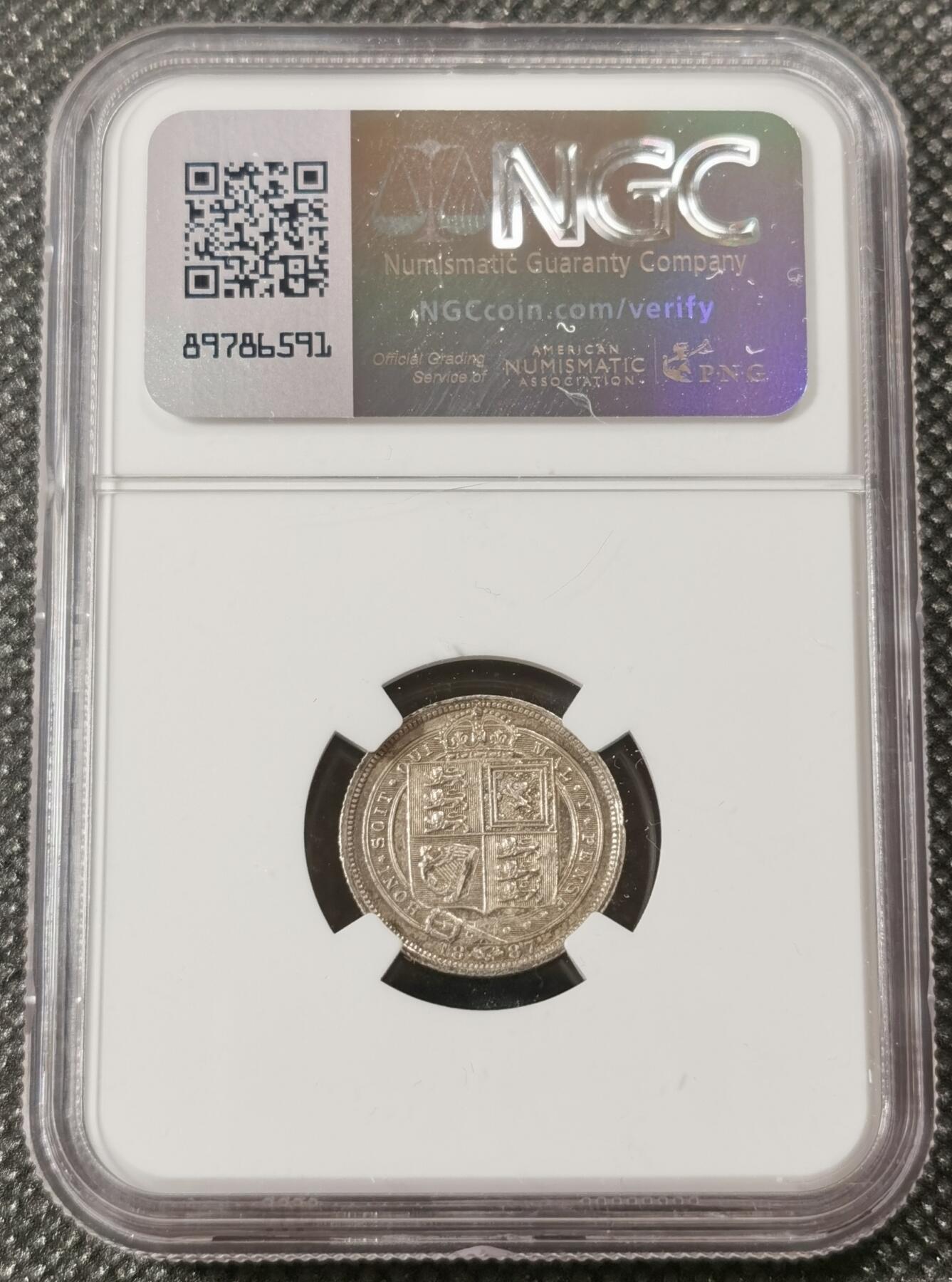 甄臻铺-世界钱币拍卖（第8期）新铺开张，欢迎捧场 NGC-MS62 1887年英国6便士，维多利亚高冠，淡淡包浆