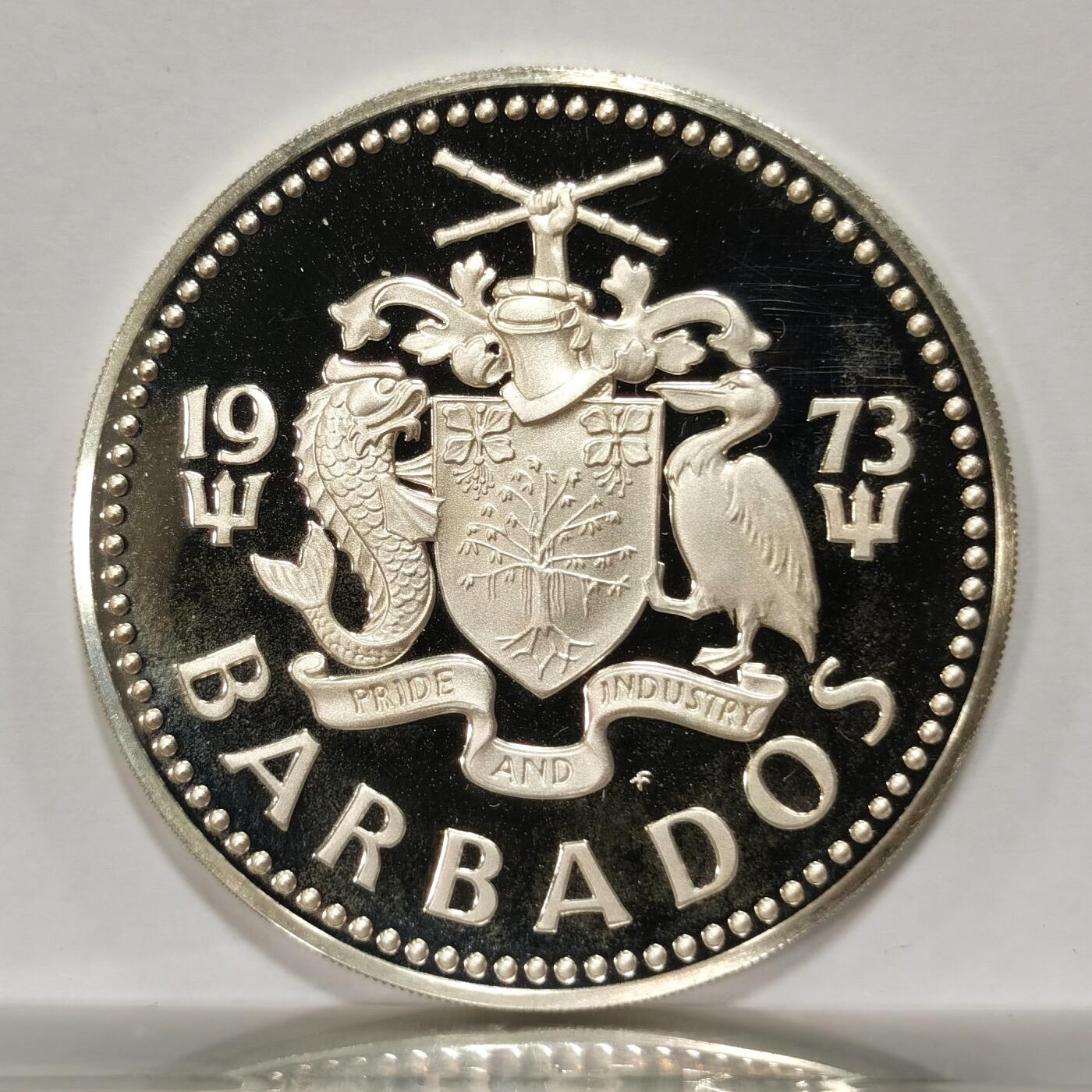 博洋堂世界钱币拍卖第114期（全场包邮） 巴巴多斯1973年精制海王10元银币 925银 原光