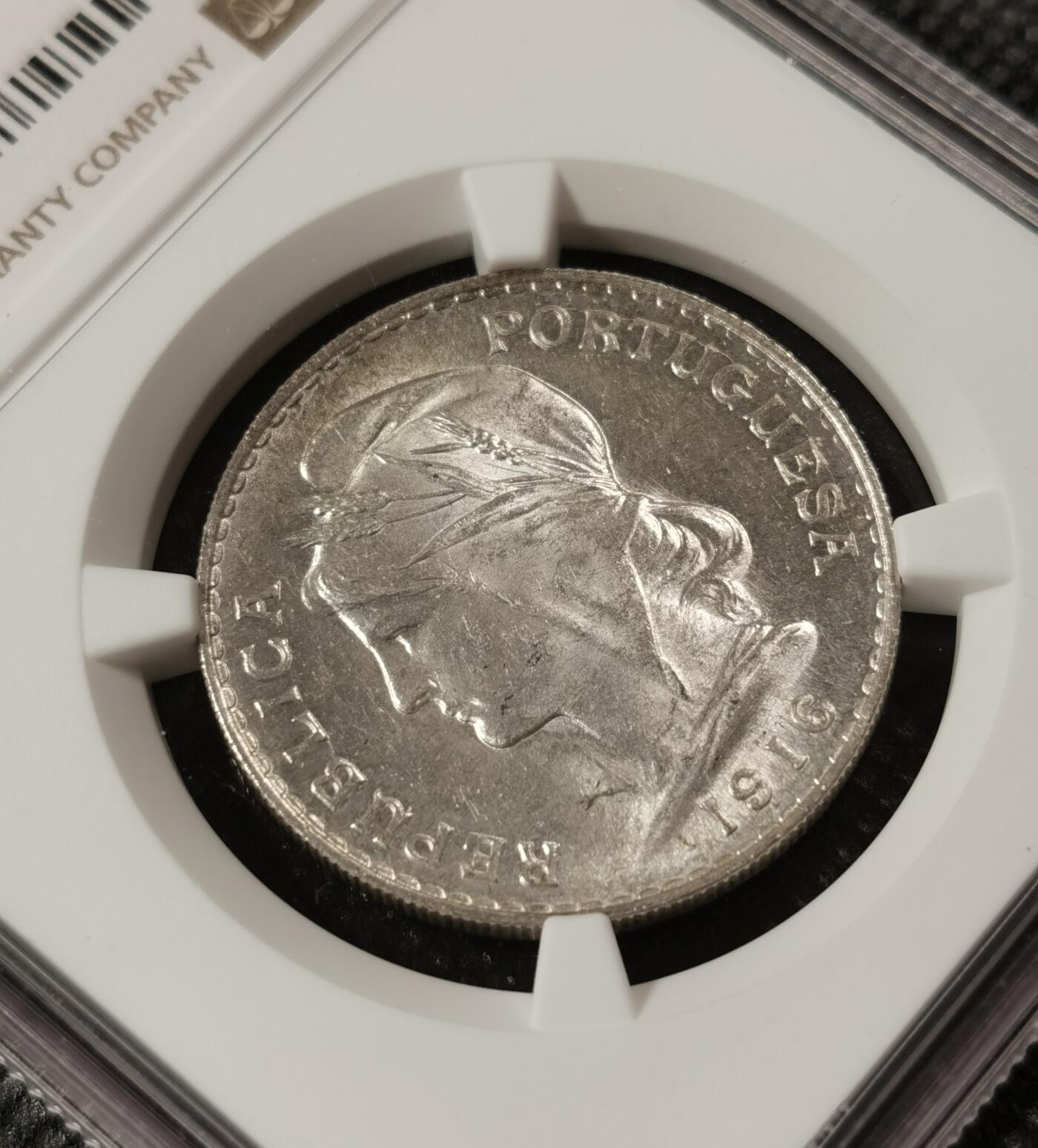 甄臻铺-世界钱币拍卖（第8期）新铺开张，欢迎捧场 NGC-MS63 1916年葡萄牙女神50分，极美车轮光，历史韵味厚重