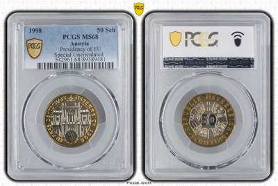 S&S Numismatic世界钱币-拍卖 第115期  - 获奖币*奥地利1998年 欧盟轮值主席国 50先令双色纪念币 PCGS MS68