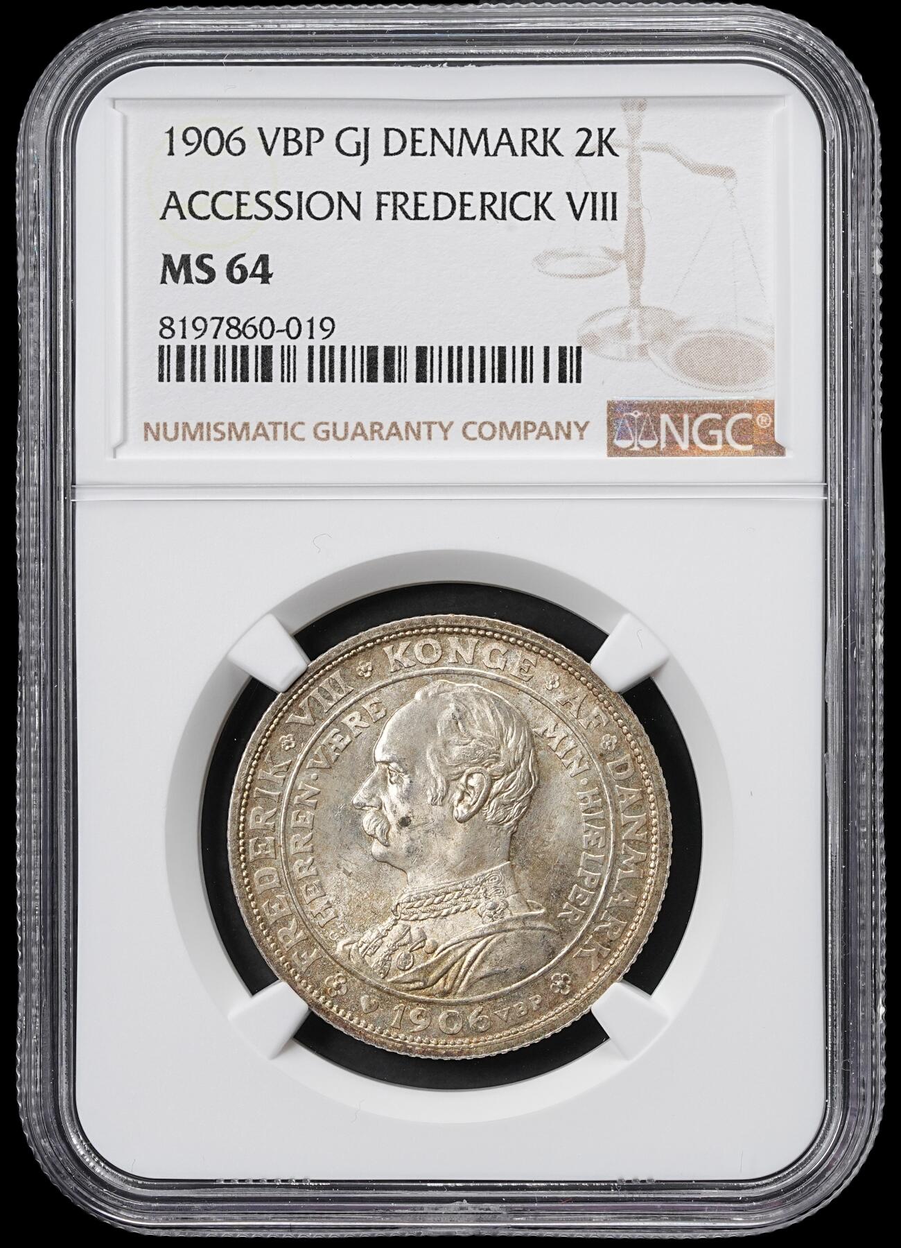 修遠堂世界钱币第六十一期 NGC MS64 1906年丹麦国王更迭纪念2克朗银币