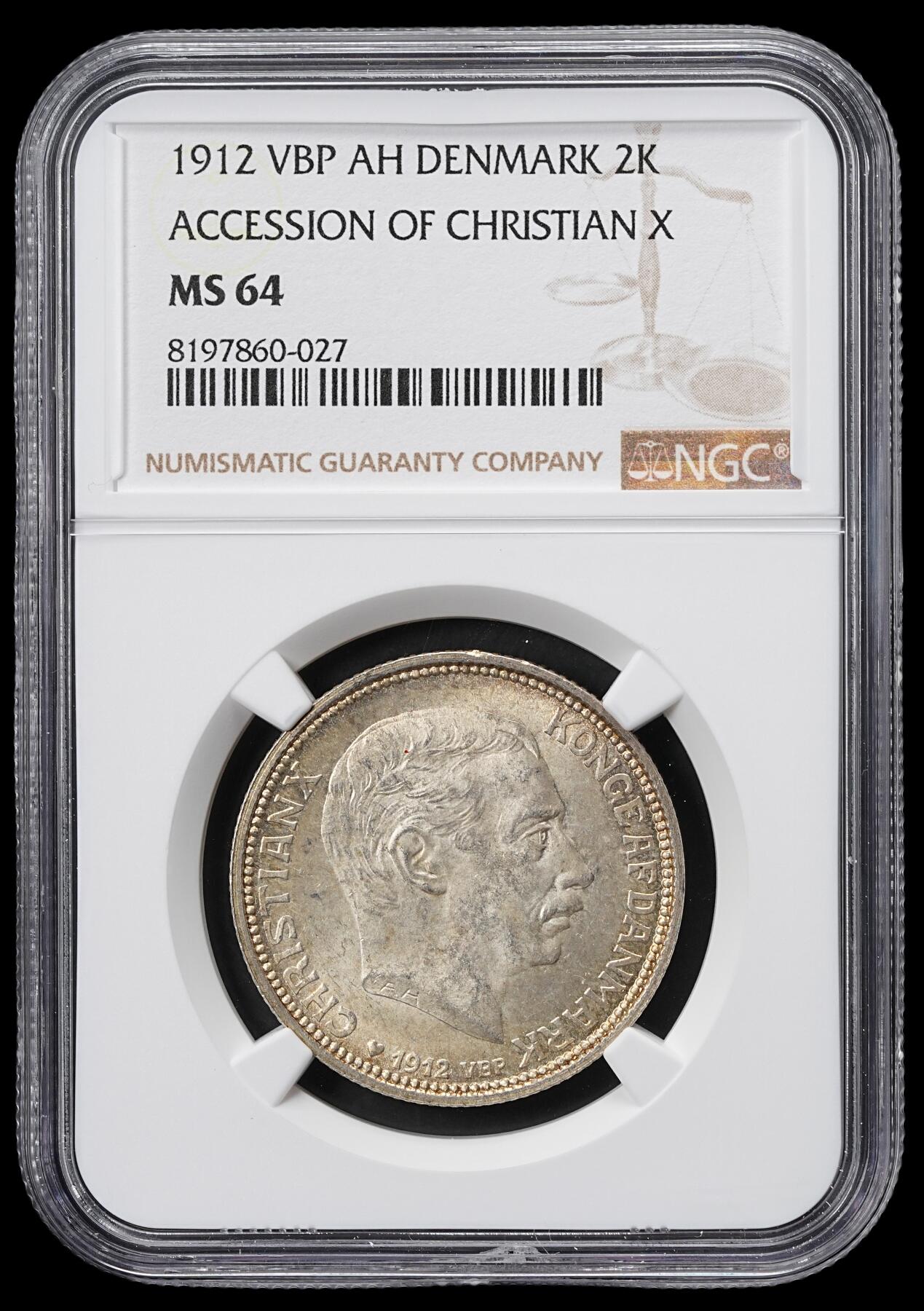修遠堂世界钱币第六十一期 NGC MS64 1912年丹麦国王更迭纪念2克朗银币