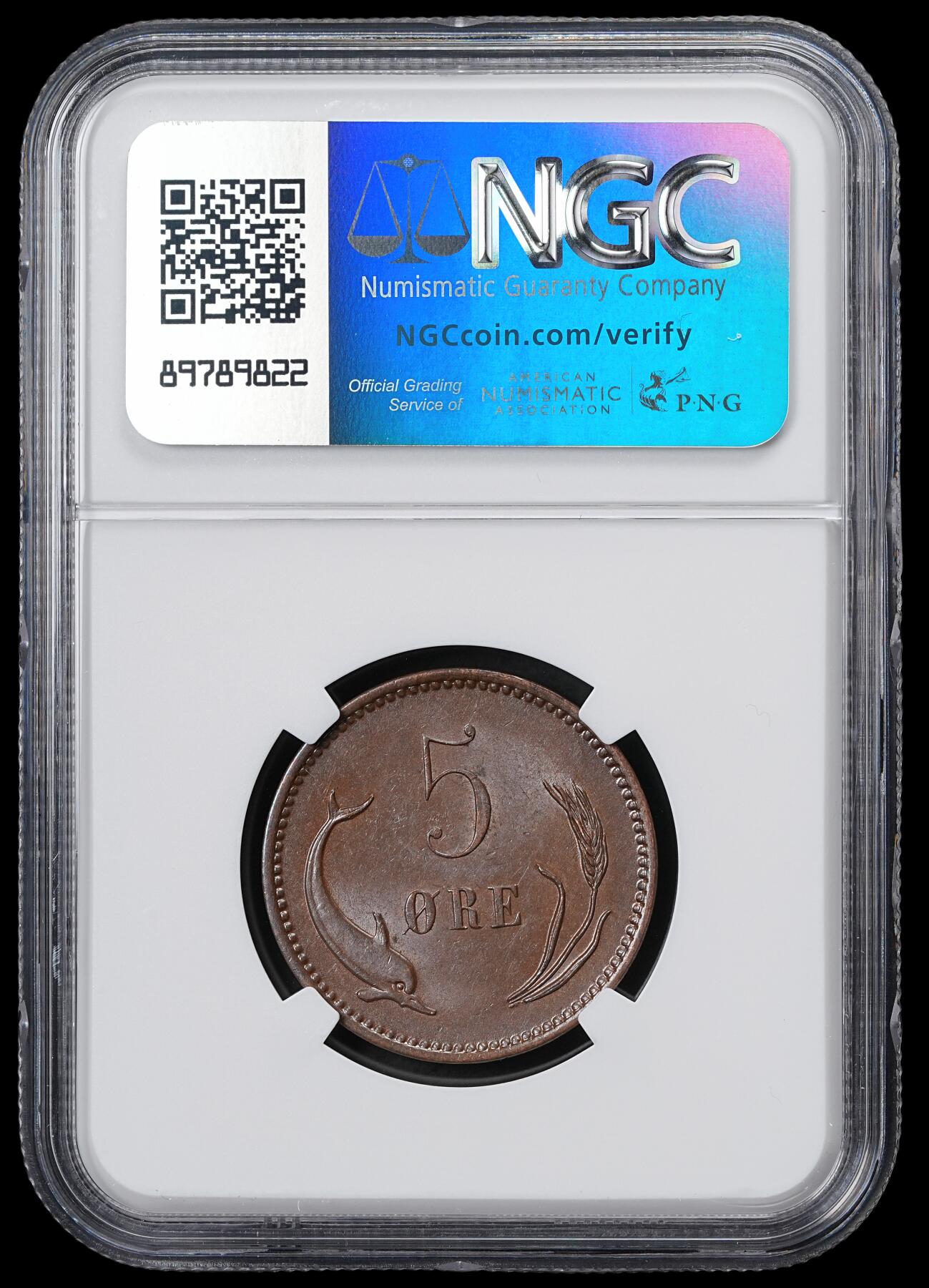 修遠堂世界钱币第六十一期 NGC MS63BN 1906年丹麦海豚5欧尔铜币 充分流通品种 MS少见 书价210美金