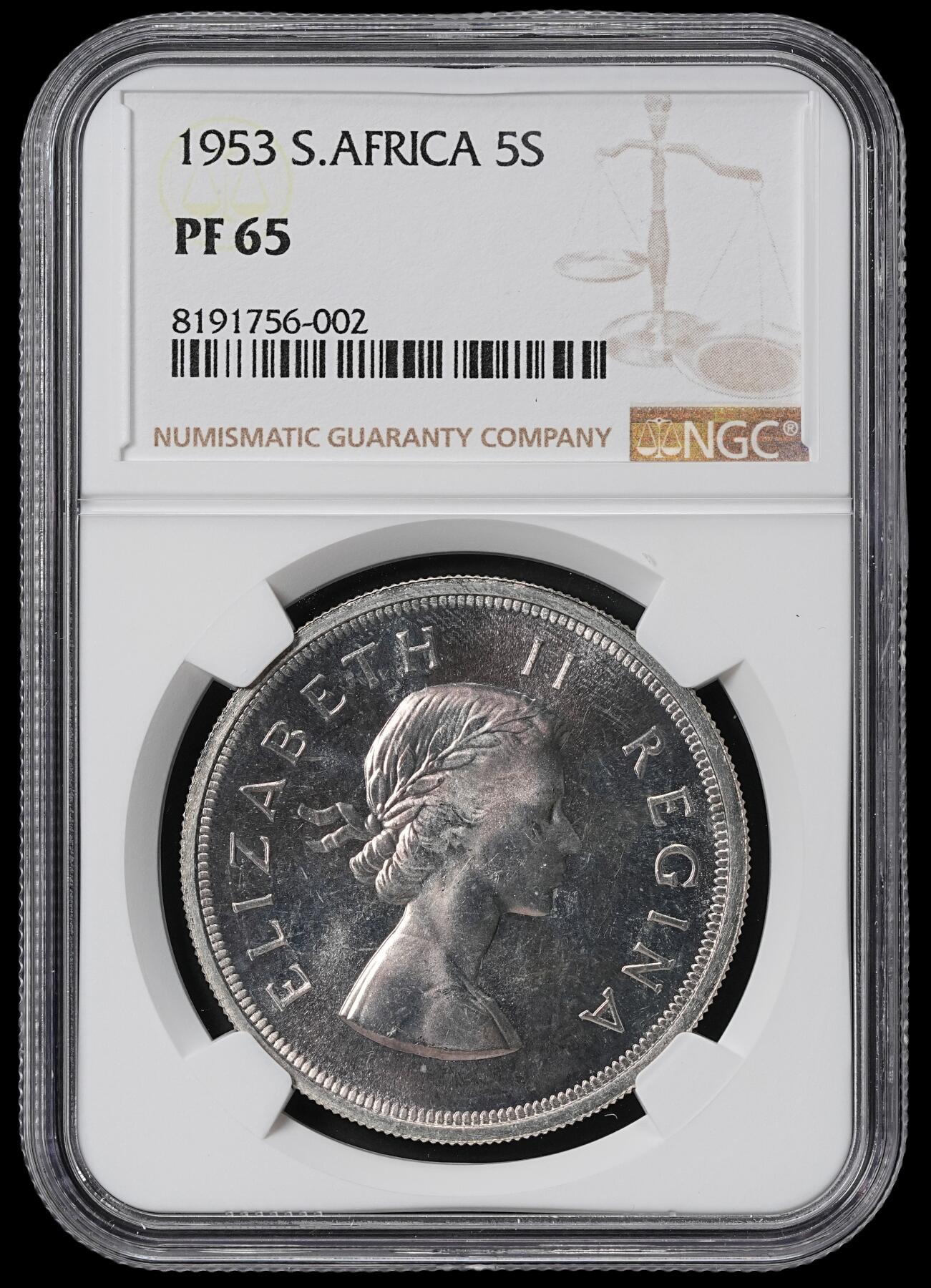 修遠堂世界钱币第六十一期 NGC PF65 1953年南非5先令精制大银币 仅铸造5000枚