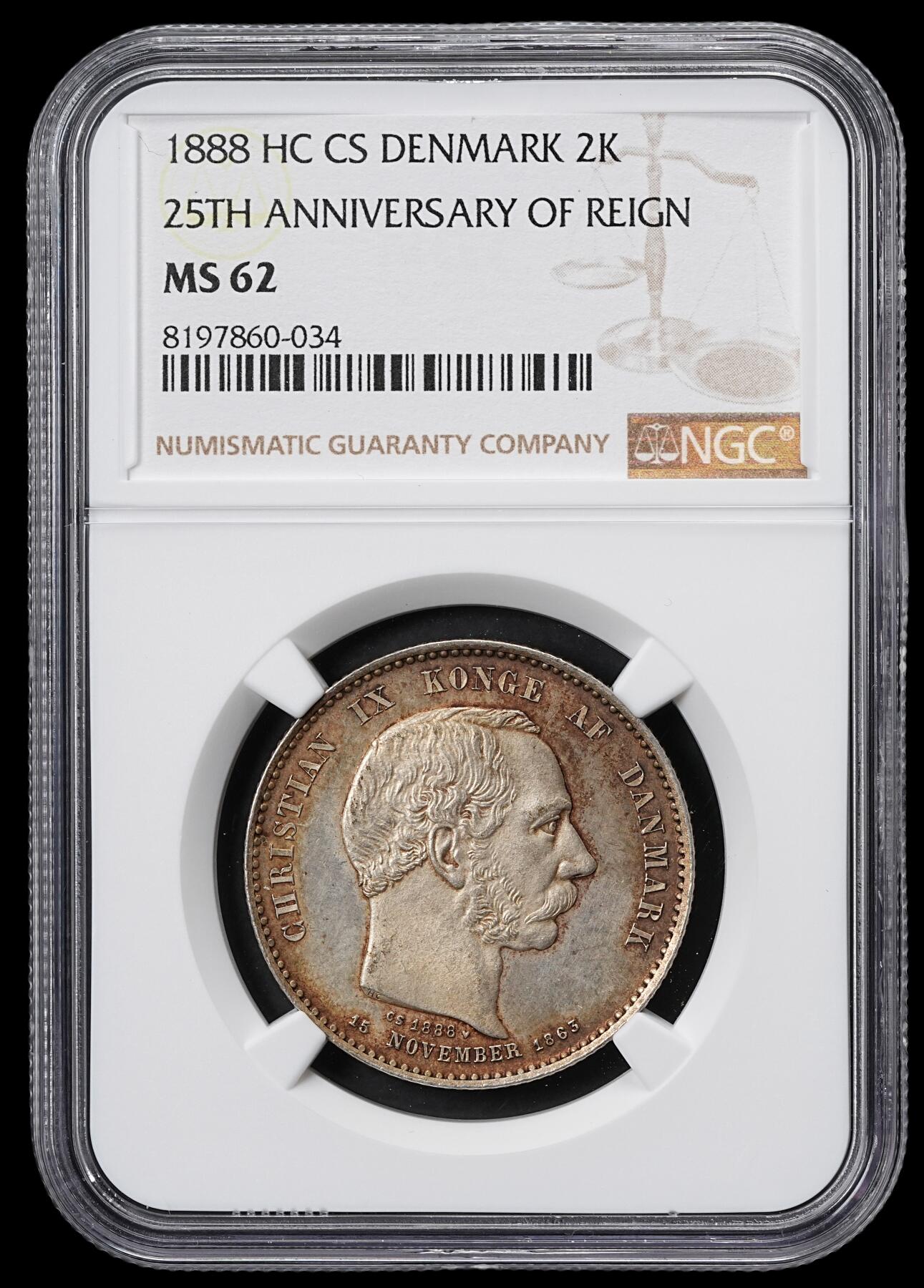 修遠堂世界钱币第六十一期 NGC MS62 1888年丹麦国王登基25周年纪念2克朗银币