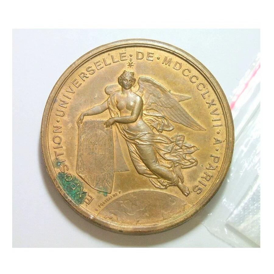 法国1867年 拿破仑三世+天使地球高浮雕精制大铜章 50MM