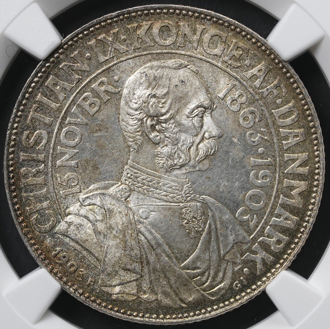 修遠堂世界钱币第六十一期 NGC MS64 1903年丹麦国王登基40周年纪念2克朗银币 热门品种