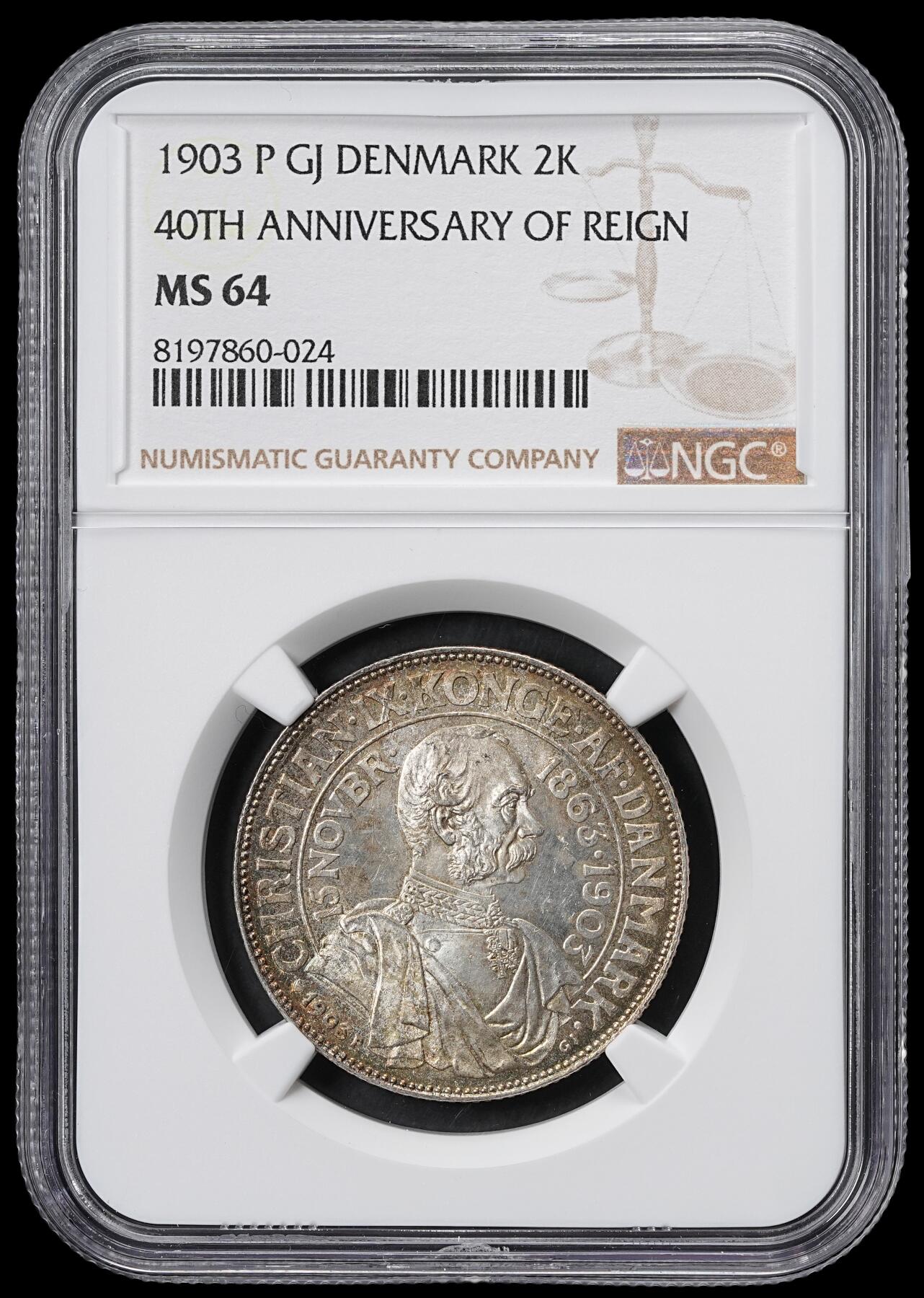 修遠堂世界钱币第六十一期 NGC MS64 1903年丹麦国王登基40周年纪念2克朗银币 热门品种