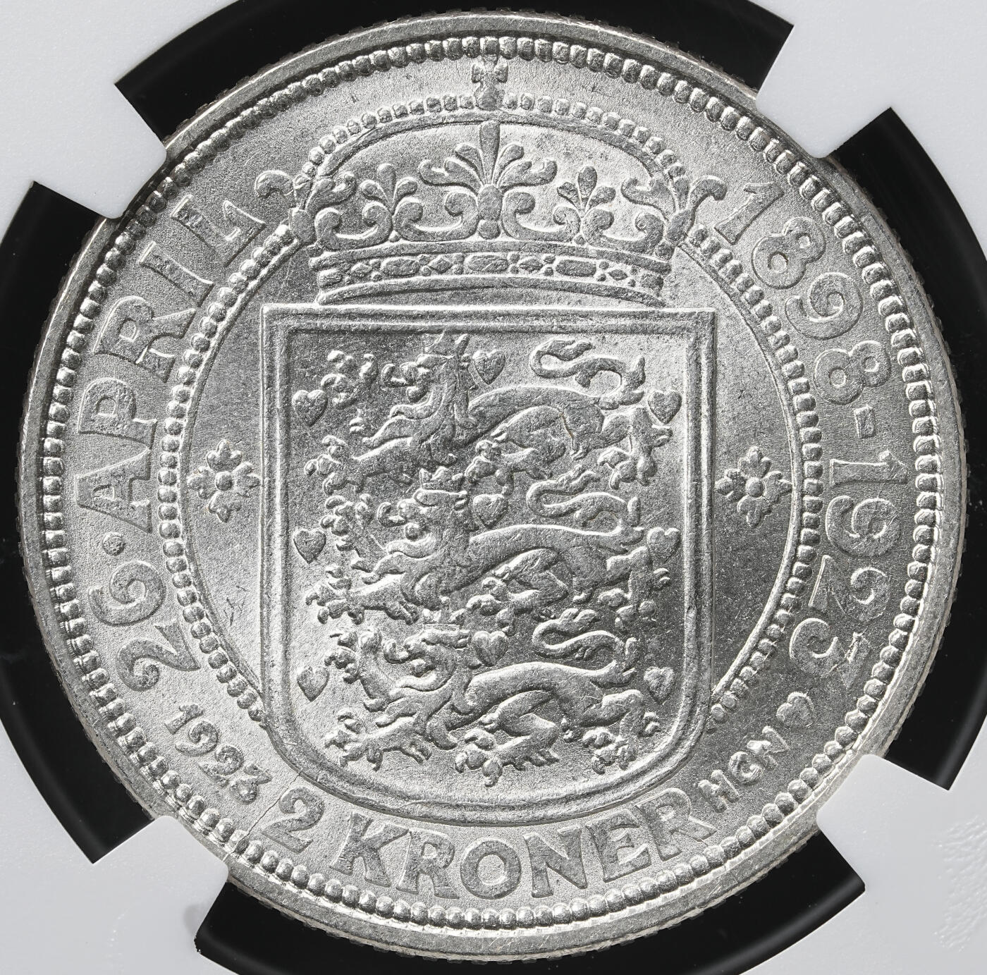 修遠堂世界钱币第六十一期 NGC MS65 1923年丹麦国王银婚纪念2克朗银币