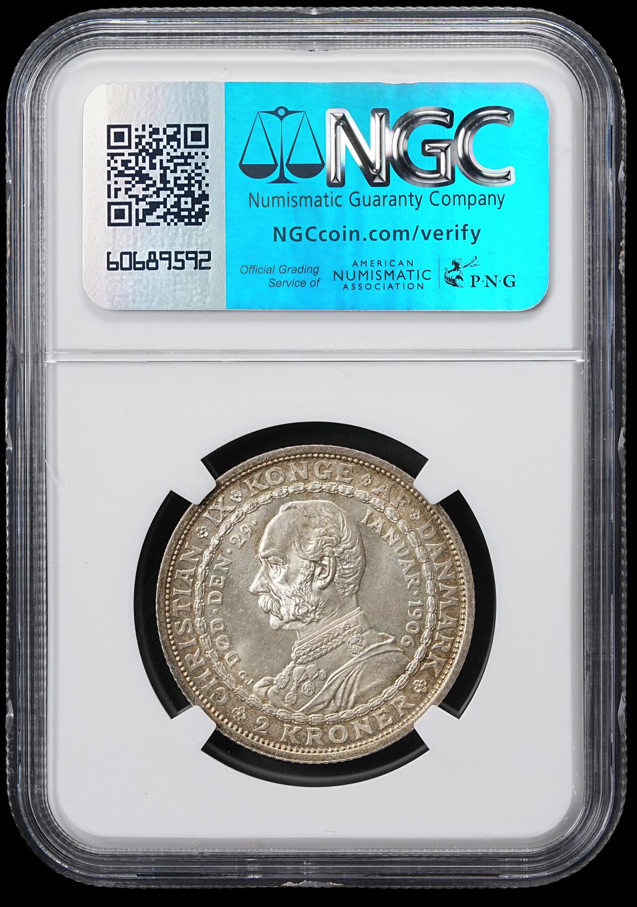修遠堂世界钱币第六十一期 NGC MS64 1906年丹麦国王更迭纪念2克朗银币