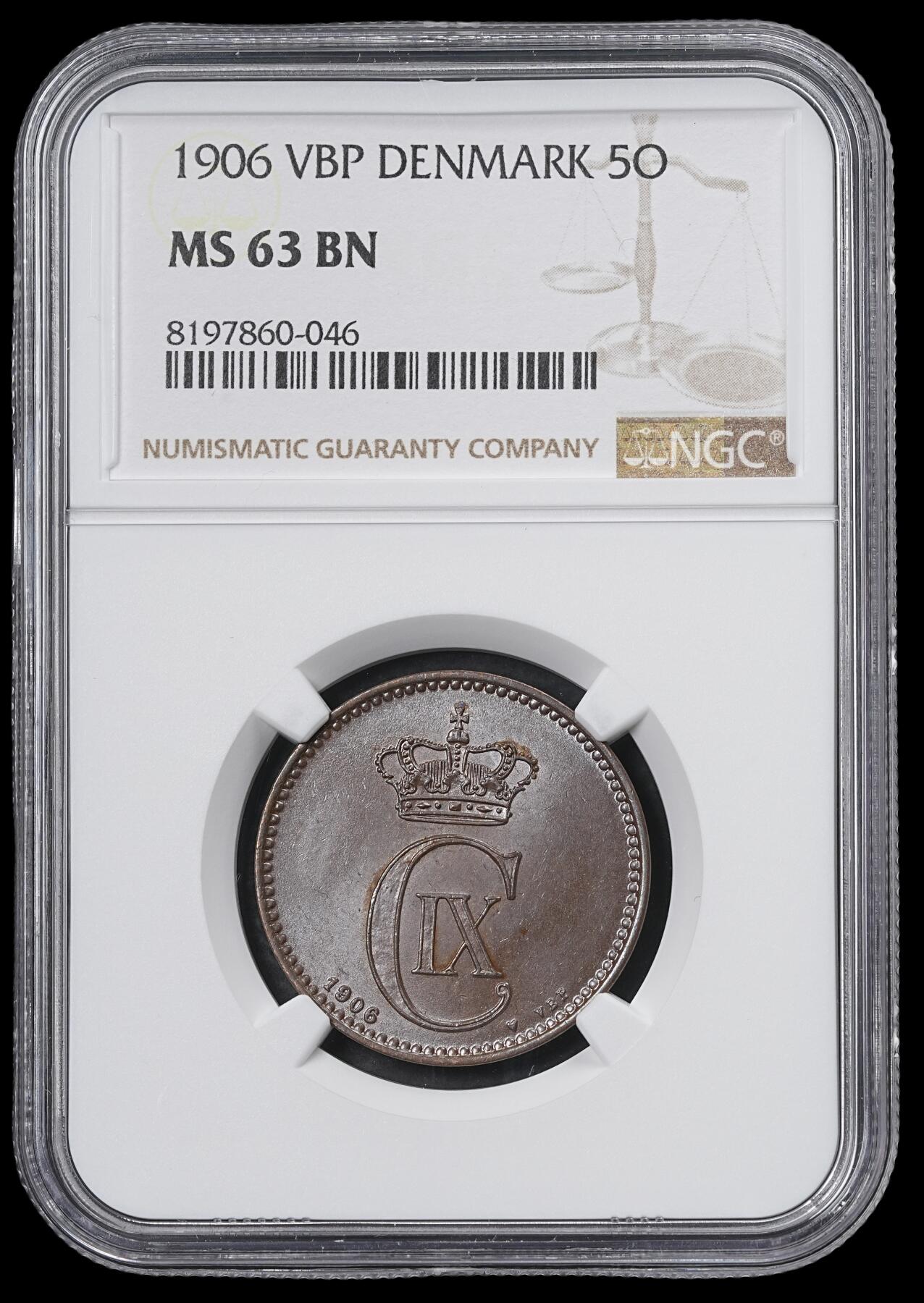 修遠堂世界钱币第六十一期 NGC MS63BN 1906年丹麦海豚5欧尔铜币 充分流通品种 MS少见 书价210美金