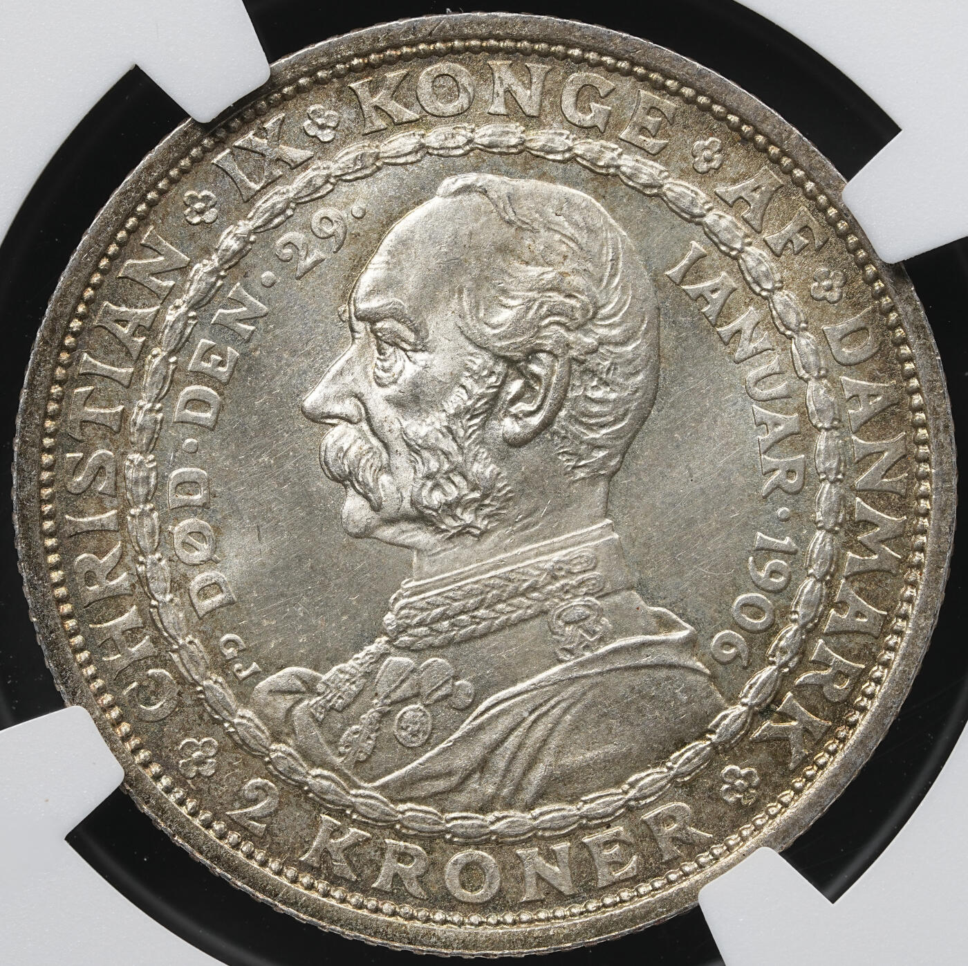 修遠堂世界钱币第六十一期 NGC MS64 1906年丹麦国王更迭纪念2克朗银币