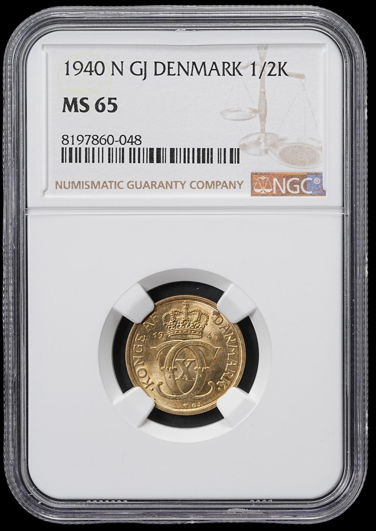 修遠堂世界钱币第六十一期 NGC MS65 1940年丹麦皇冠1/2克朗铜币
