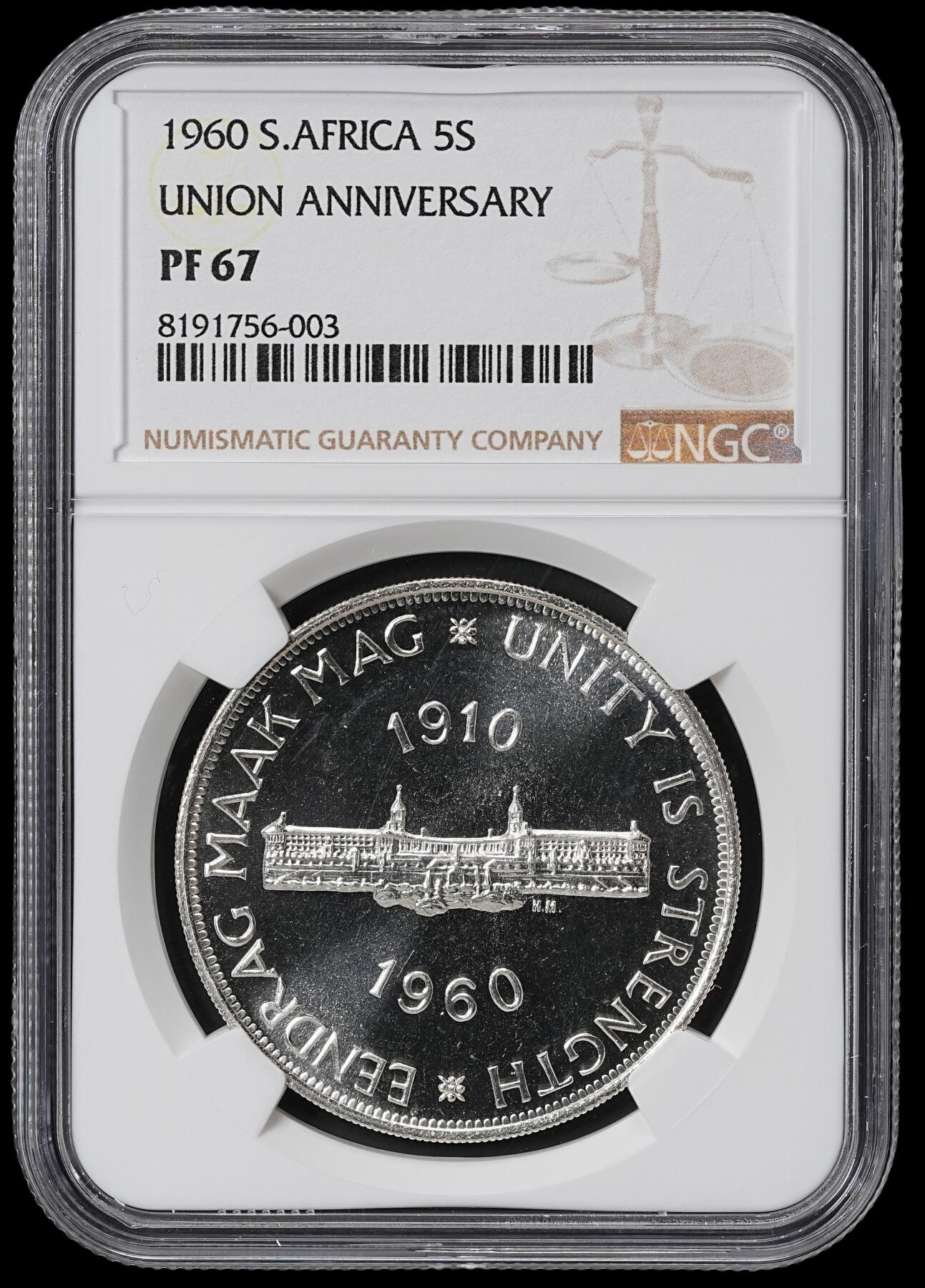 修遠堂世界钱币第六十一期 NGC PF67 1960年南非5先令精制银币 纪念南非联邦50周年 仅铸造3360枚  2013年SBP同分成交价211美金