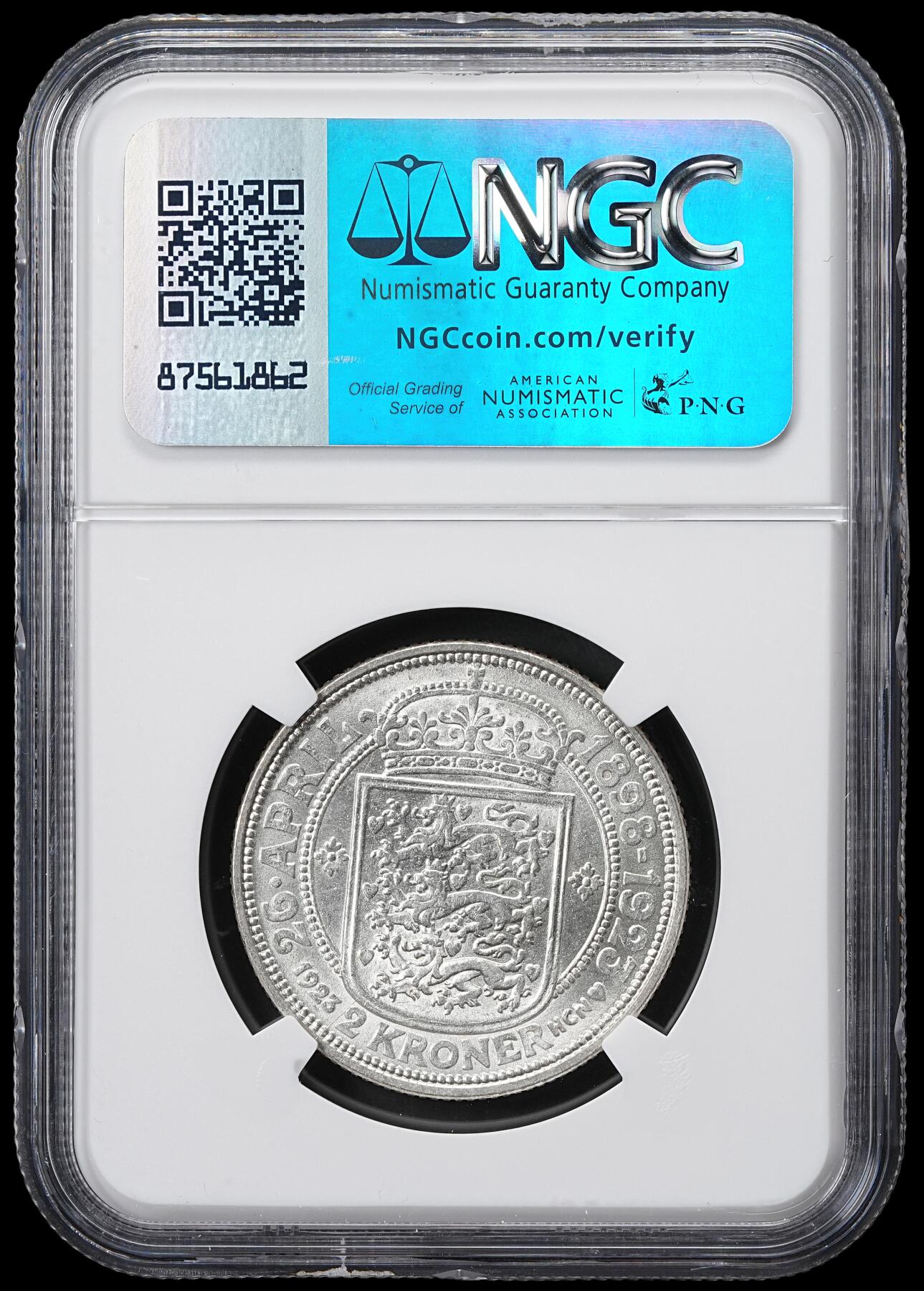 修遠堂世界钱币第六十一期 NGC MS65 1923年丹麦国王银婚纪念2克朗银币