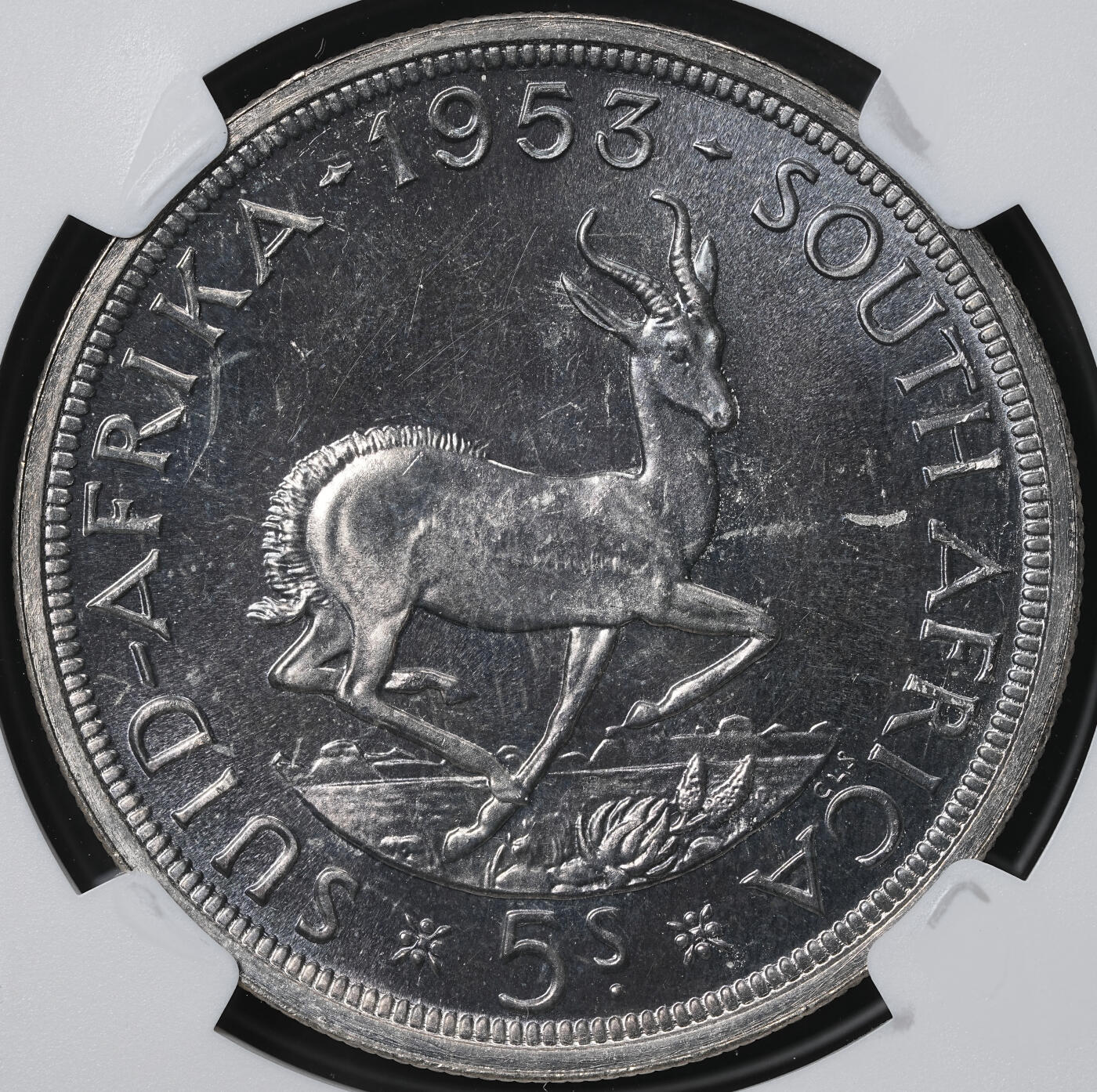 修遠堂世界钱币第六十一期 NGC PF65 1953年南非5先令精制大银币 仅铸造5000枚