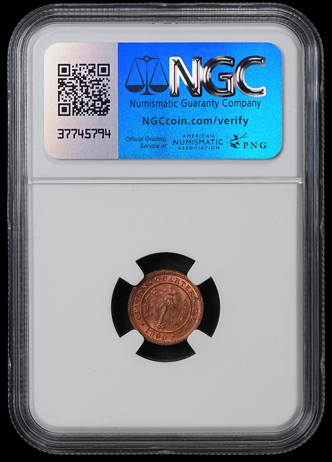 修遠堂世界钱币第六十一期 NGC MS65RB 1890年英属锡兰1/4分铜币