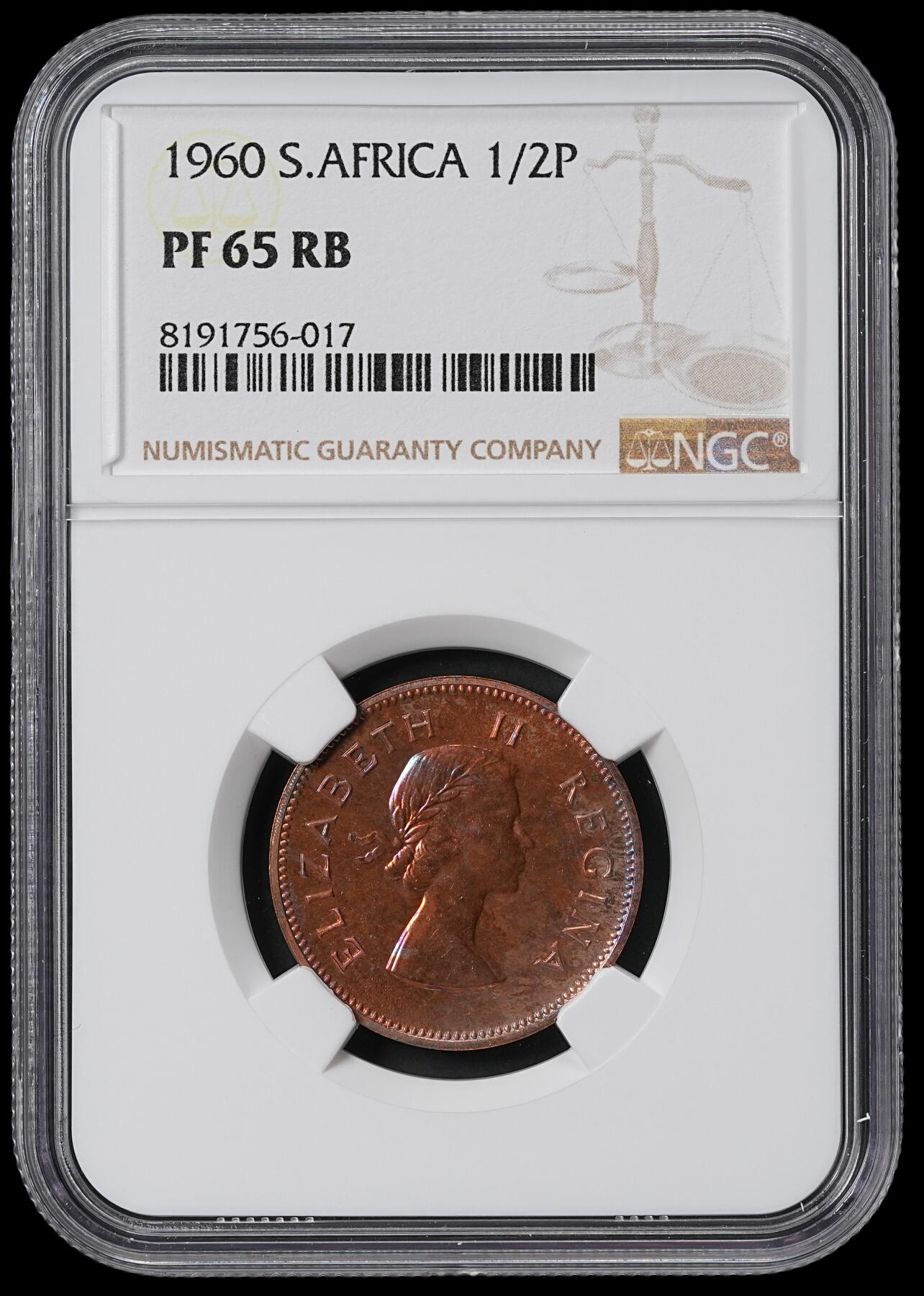 修遠堂世界钱币第六十一期 NGC PF65RB 1960年南非1/2便士精制铜币 仅铸造3360枚