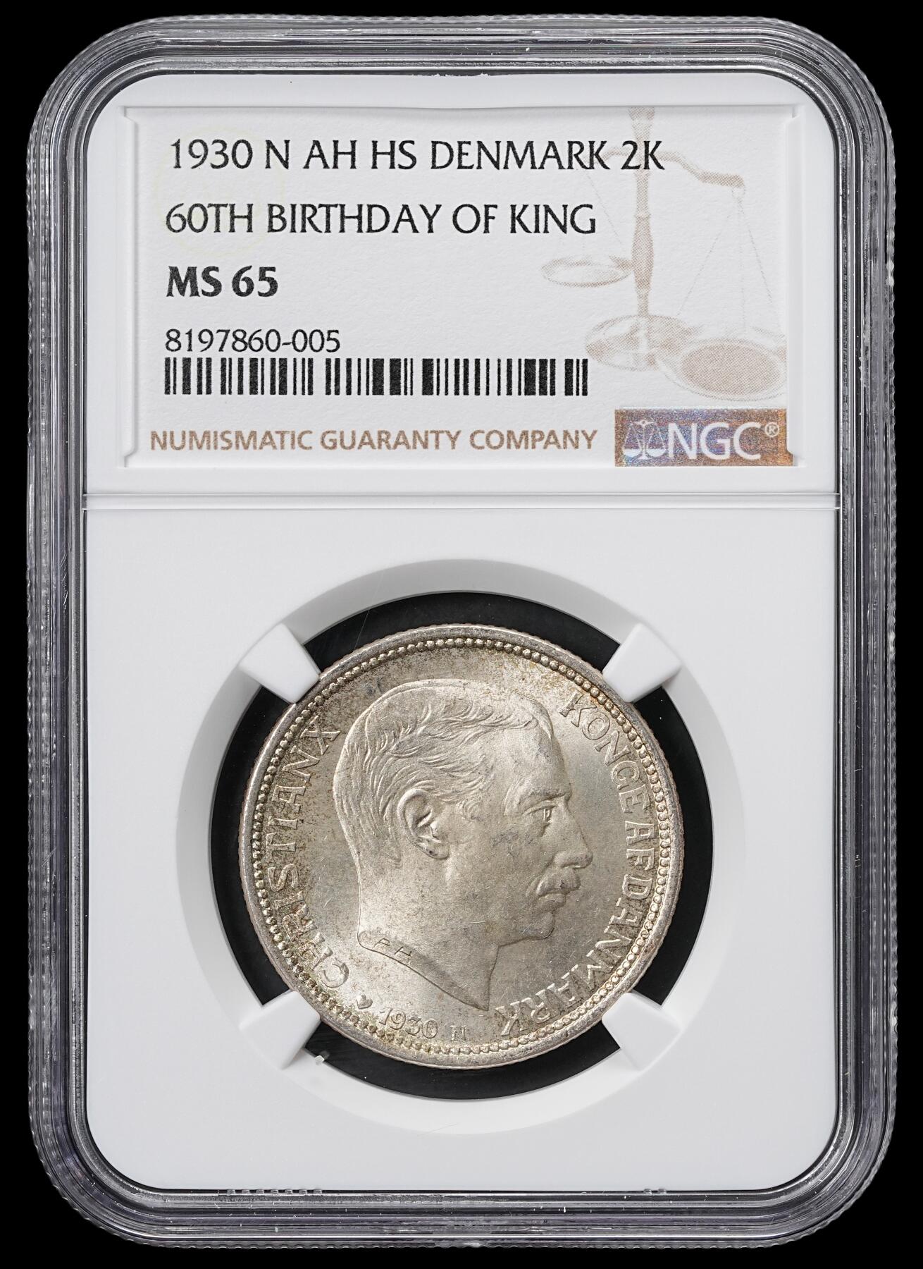 修遠堂世界钱币第六十一期 NGC MS65 1930年丹麦国王60大寿纪念2克朗银币