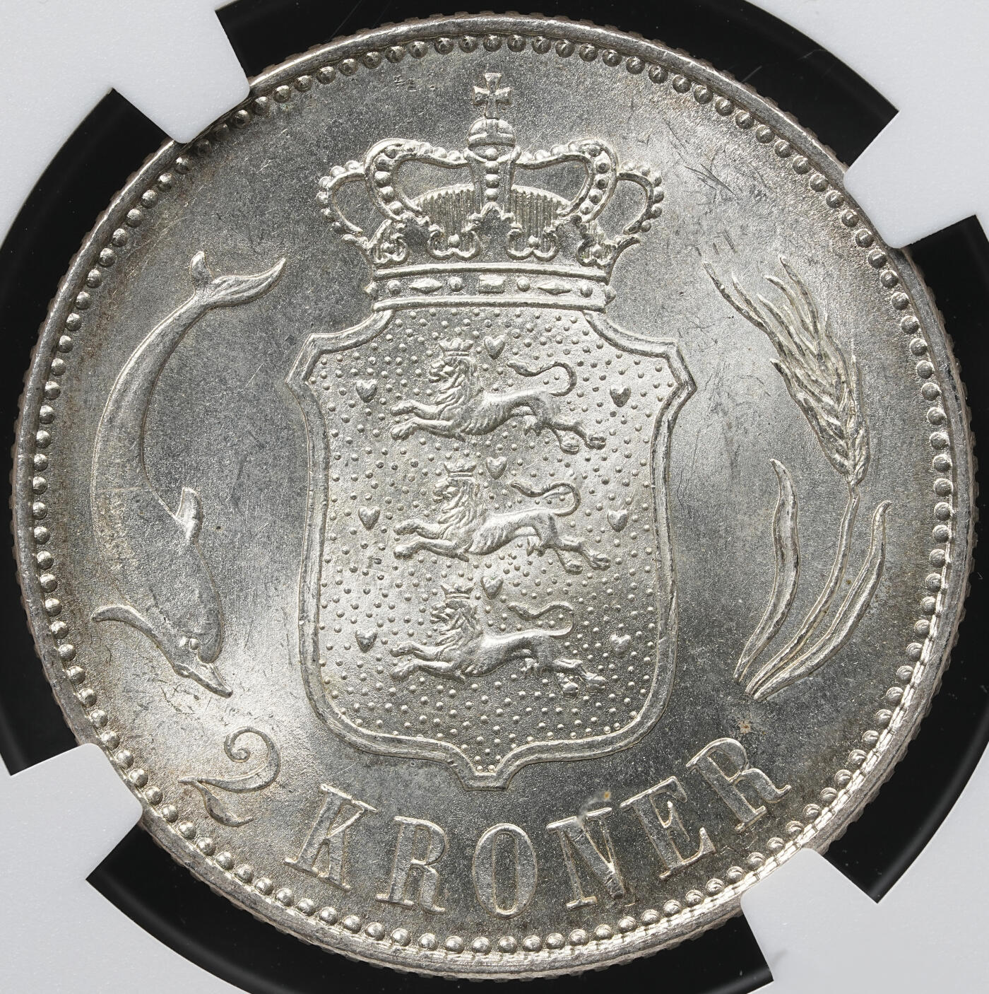 修遠堂世界钱币第六十一期 NGC MS64 1916年丹麦海豚2克朗银币 流通版克朗MS均少见