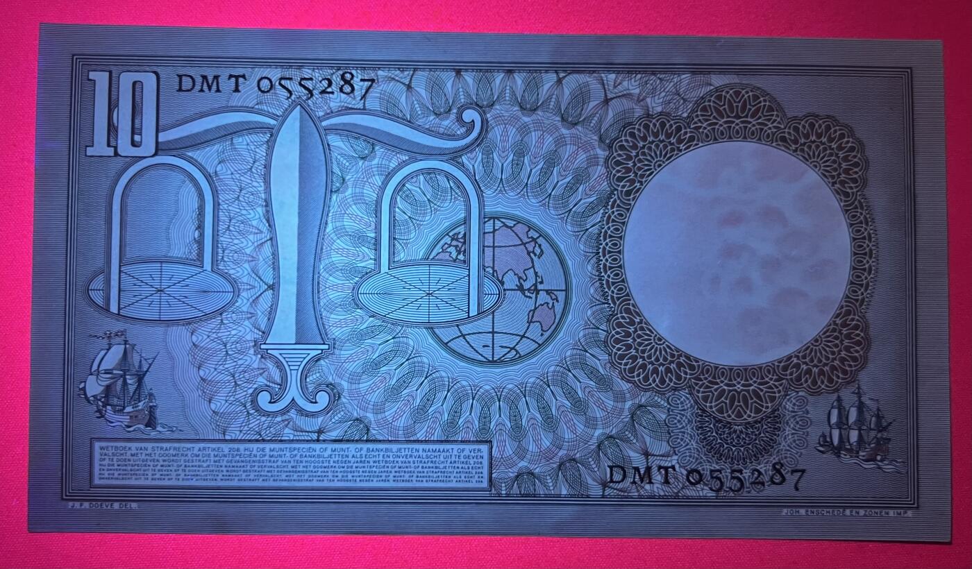 珑诚汇·乐淘淘 世界纸币拍卖 第37期 低佣场 【DMT 055287】荷兰1953年纸币 10盾 有折 轻微荧光反应 品相如图