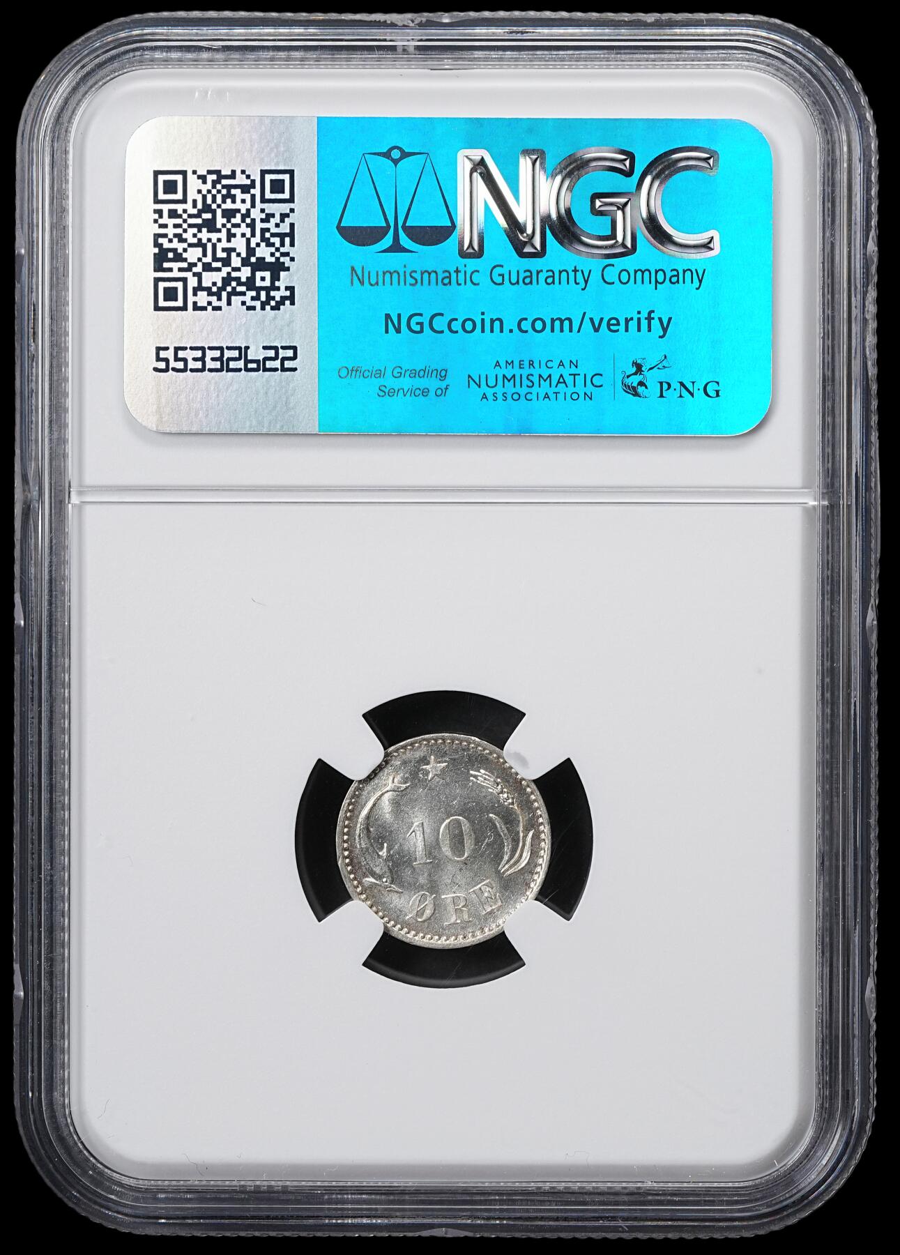 修遠堂世界钱币第六十一期 NGC MS64 1891年丹麦海豚10欧尔银币 MS少见 