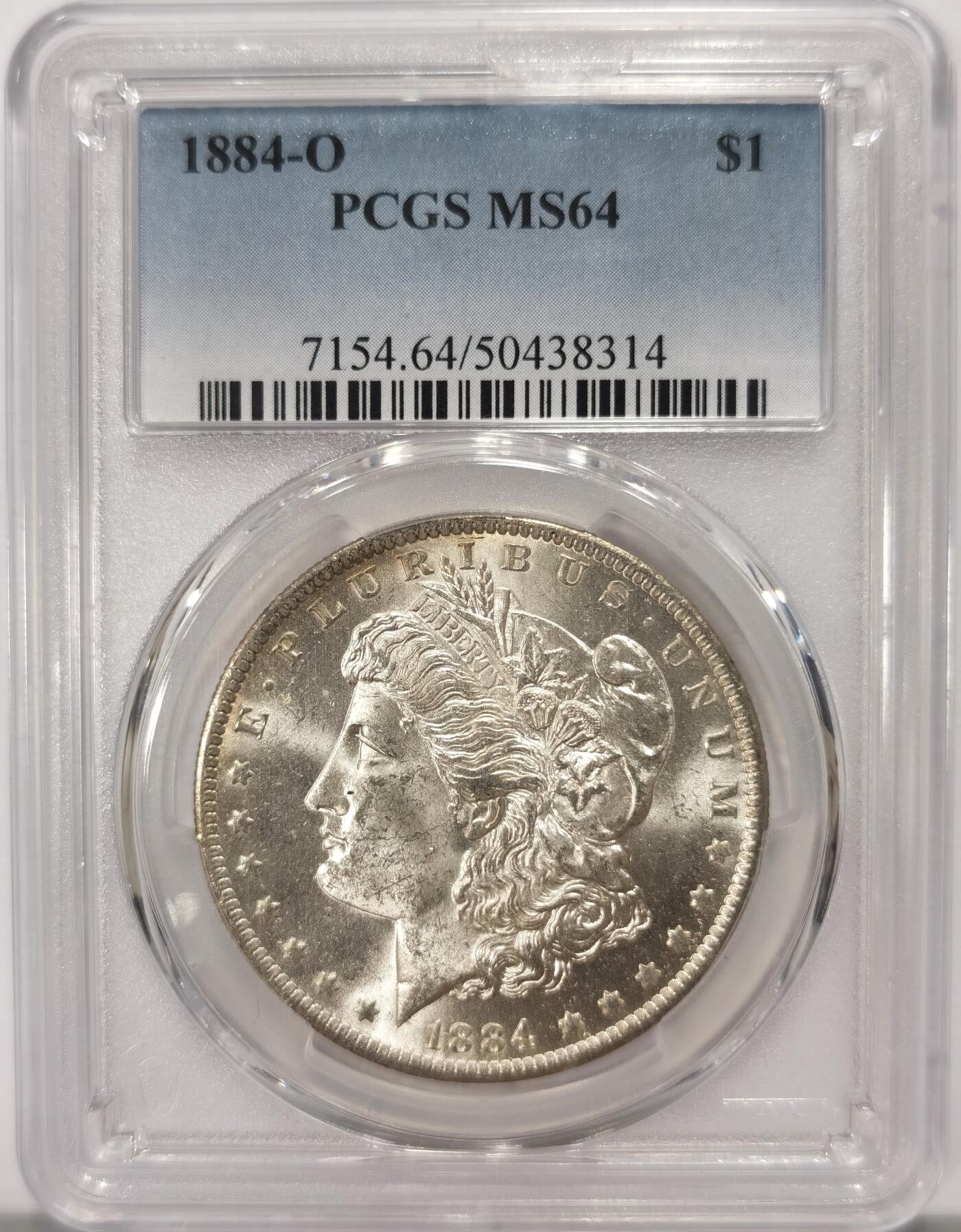 博洋堂世界钱币拍卖第114期（全场包邮） PCGS MS64 美国1884-O版摩根银元，盒子正面上方有小磕
