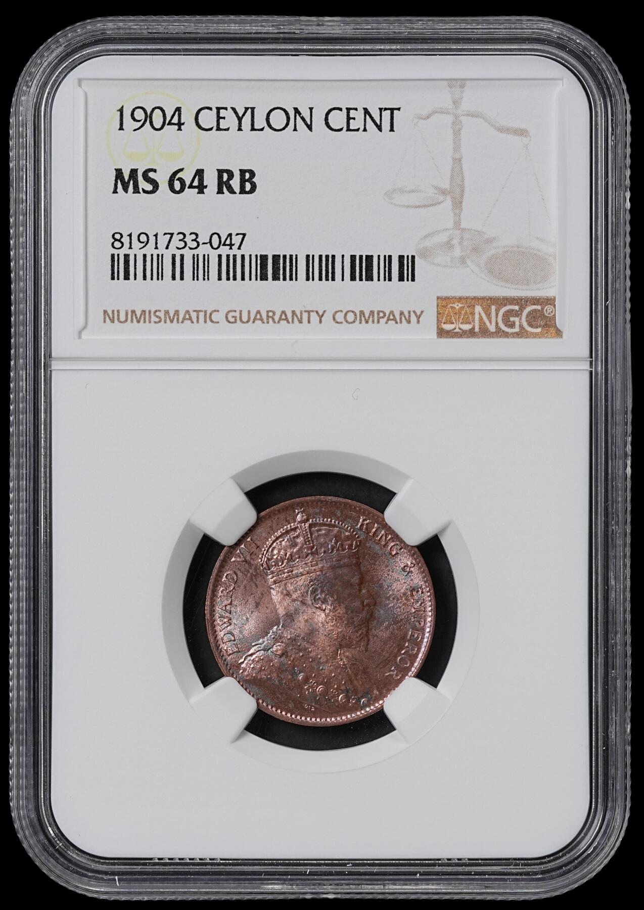 修遠堂世界钱币第六十一期 NGC MS64RB 1904年英属锡兰1分铜币
