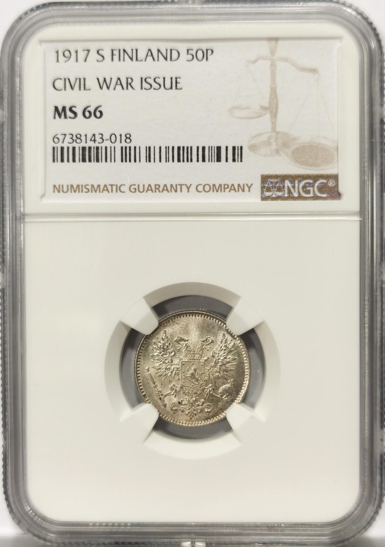 博洋堂世界钱币拍卖第114期（全场包邮） NGC MS66 俄属芬兰50芬尼银币，1917年无冠版。