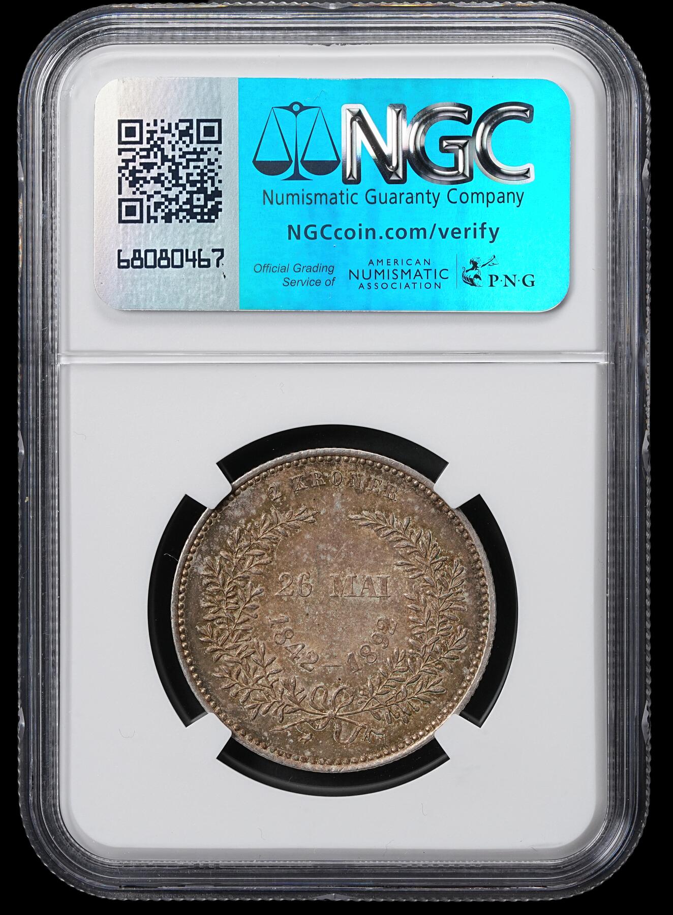 修遠堂世界钱币第六十一期 NGC MS64 1892年丹麦国王金婚纪念2克朗银币 灰彩加酱彩 味道一流
