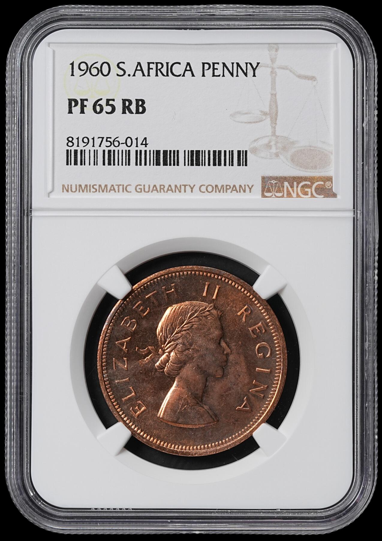 修遠堂世界钱币第六十一期 NGC PF65RB 1960年南非1便士精制铜币 仅铸造3360枚