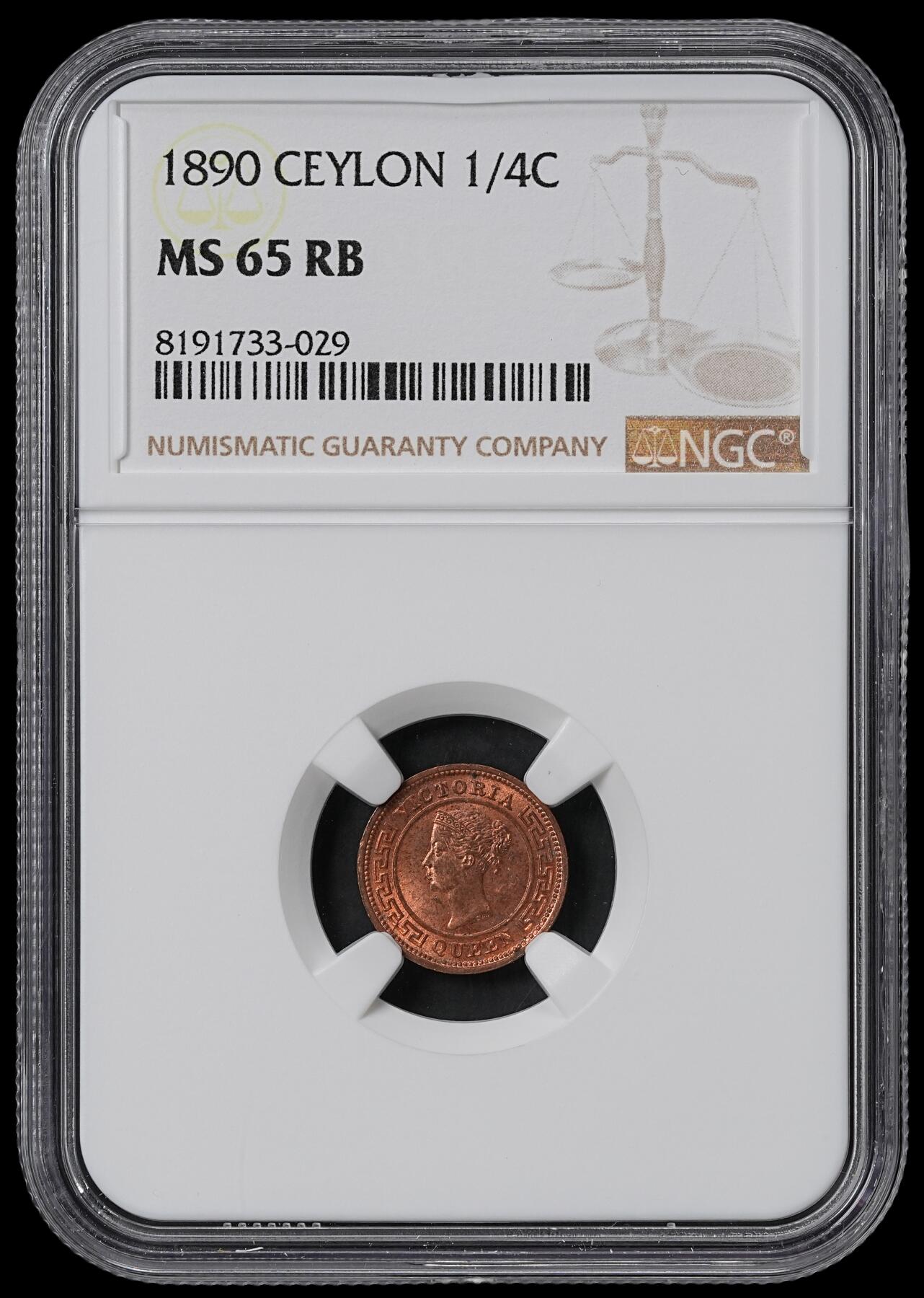 修遠堂世界钱币第六十一期 NGC MS65RB 1890年英属锡兰1/4分铜币