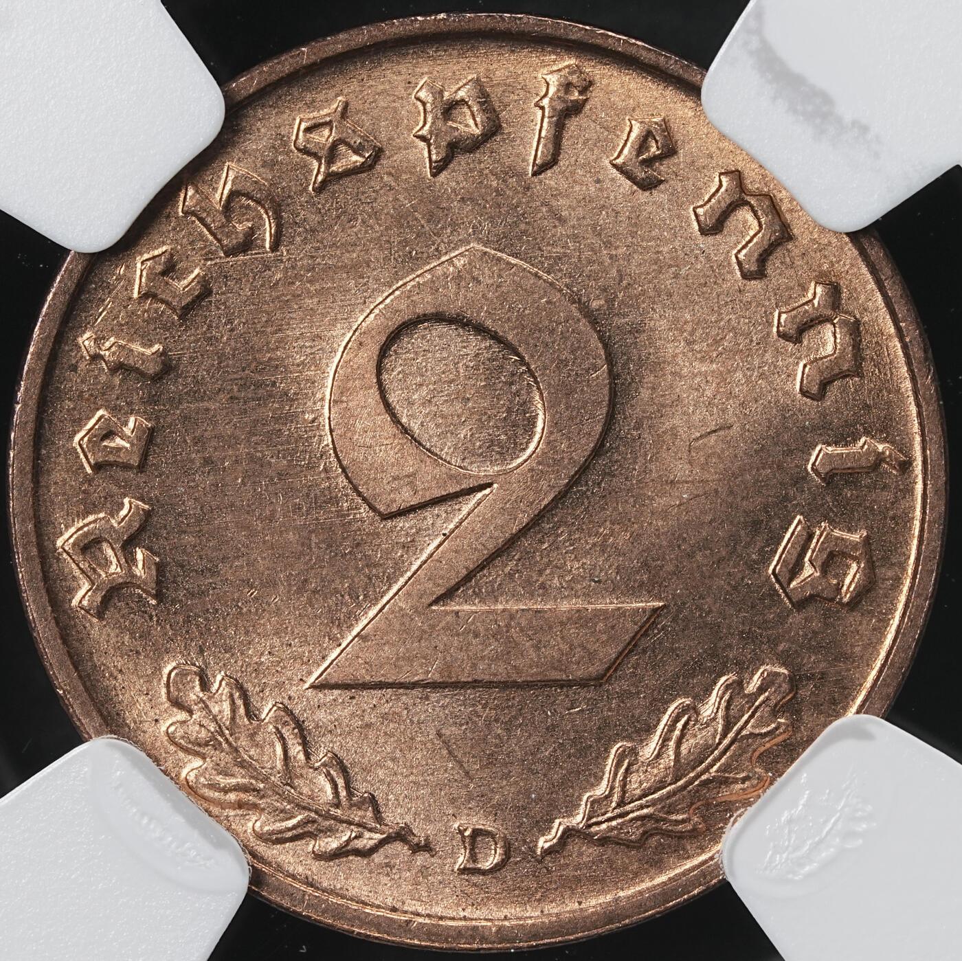 修遠堂世界钱币第六十一期 NGC MS65RD 1939年德国2芬尼铜币 RD难得 D厂铭