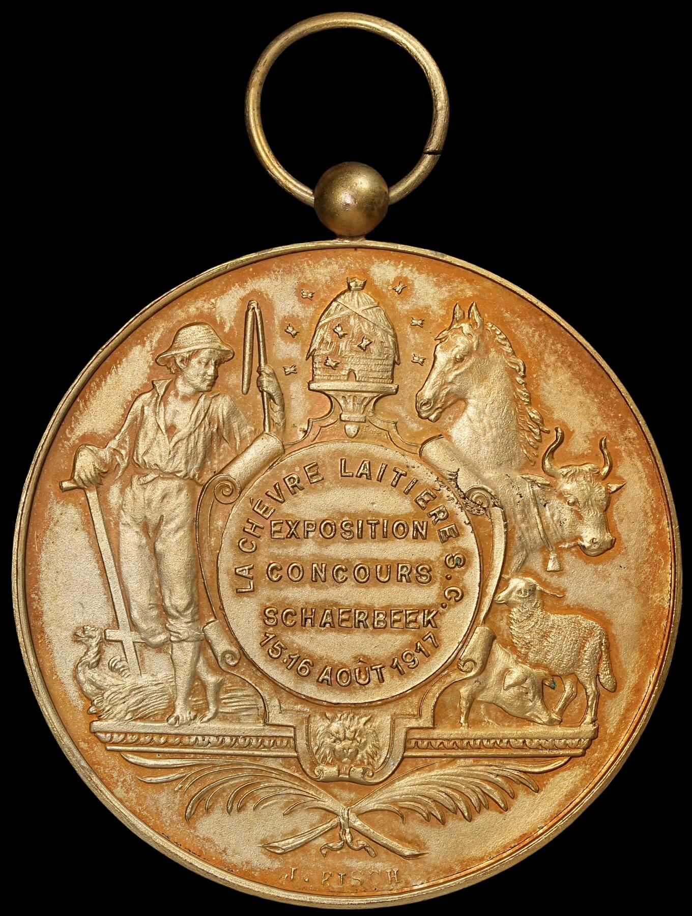 修遠堂世界钱币第六十一期 1917年比利时农业博览会鎏金铜章 50.80mm，35.87g