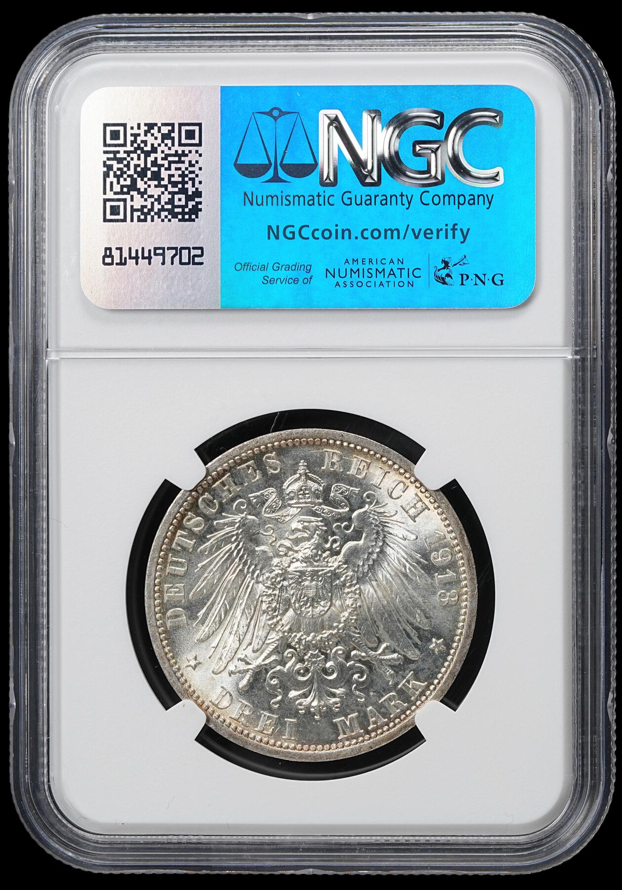 修遠堂世界钱币第六十一期 NGC MS65 1913年普鲁士威廉二世·登基25周年纪念3马克银币