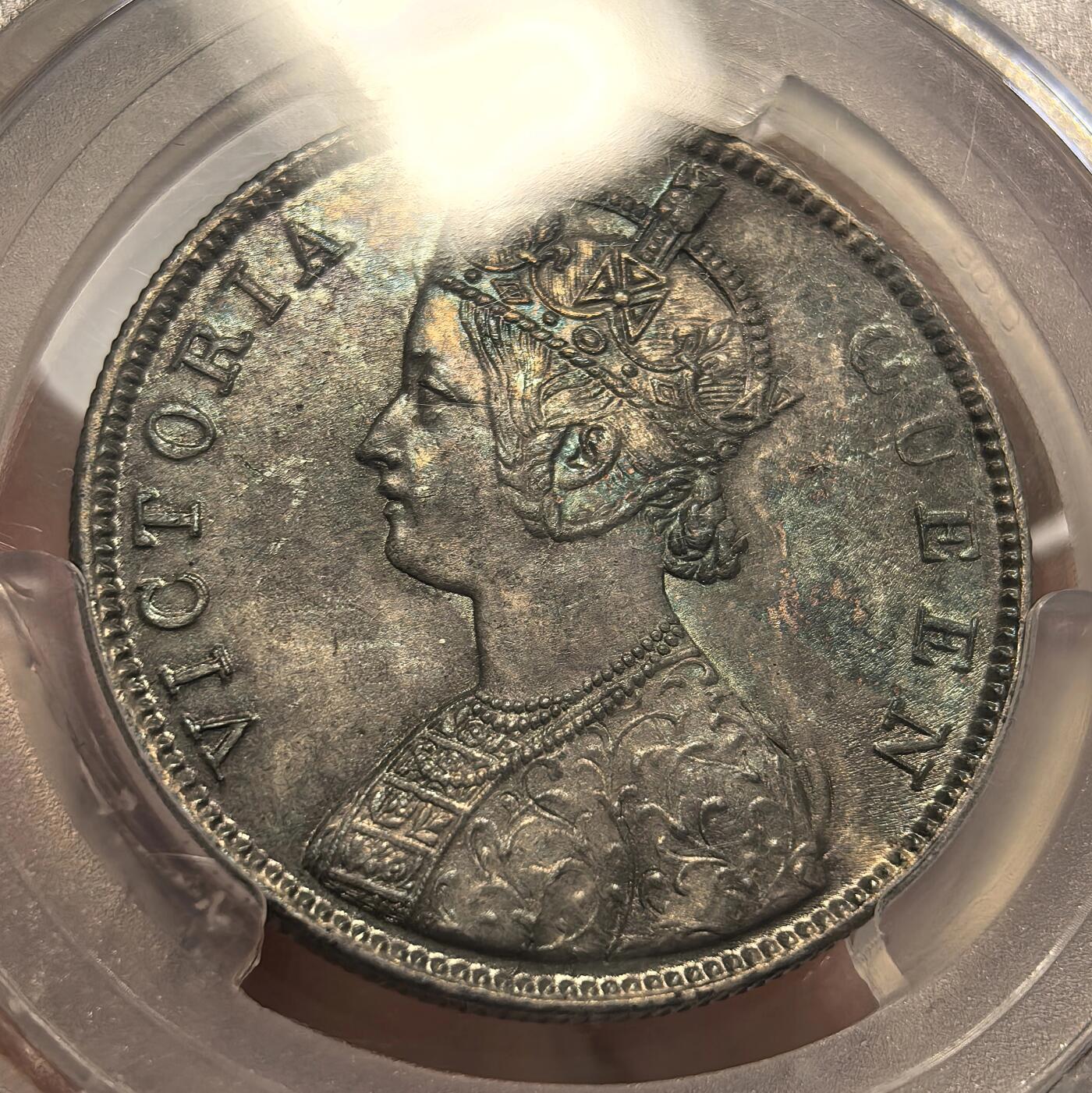 博洋堂世界钱币拍卖第114期（全场包邮） PCGS MS63 英属印度1862年维多利亚1卢比银币，黑彩包浆