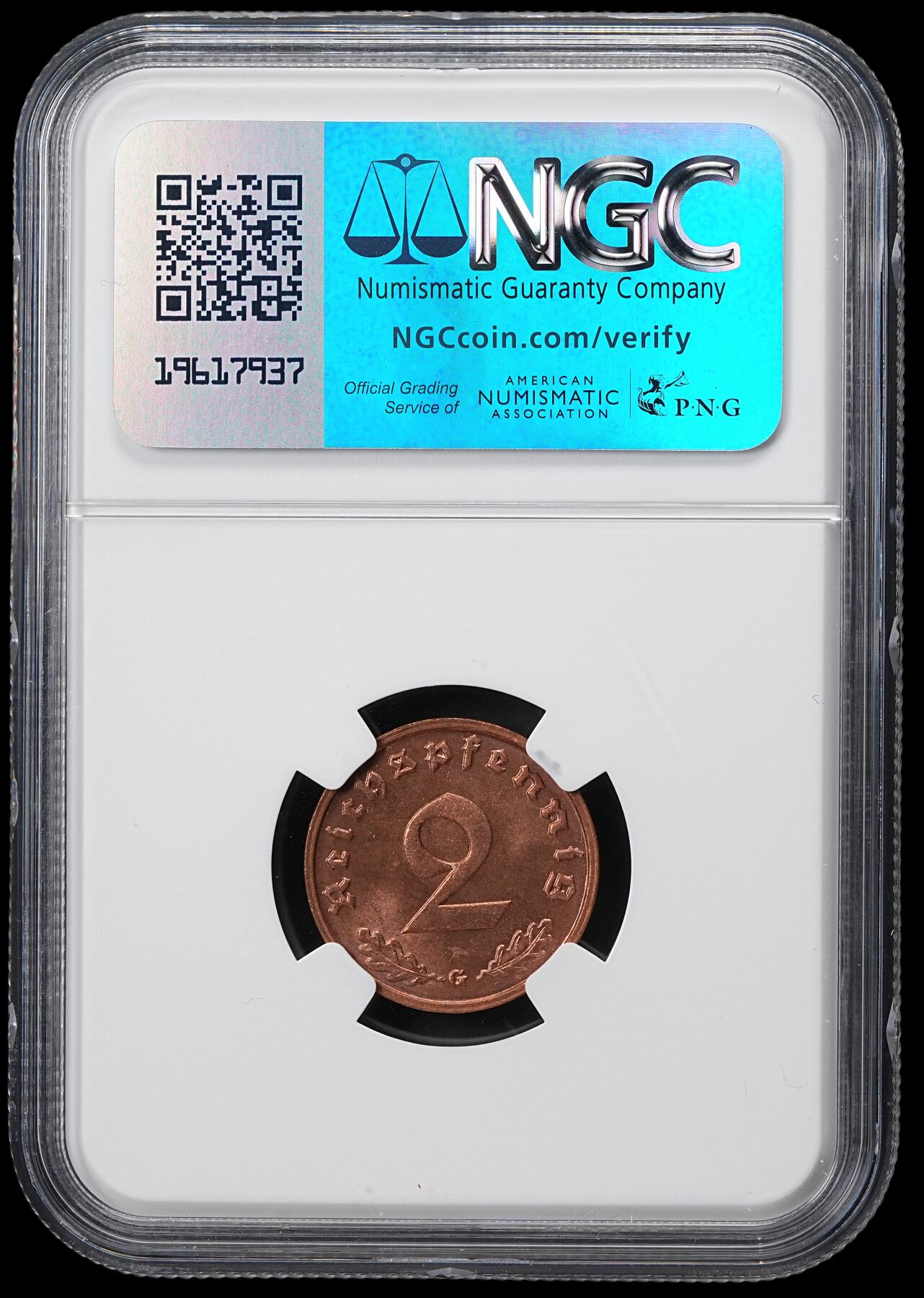 修遠堂世界钱币第六十一期 NGC MS66RB 1939年德国2芬尼铜币 G厂铭 唯一冠军分