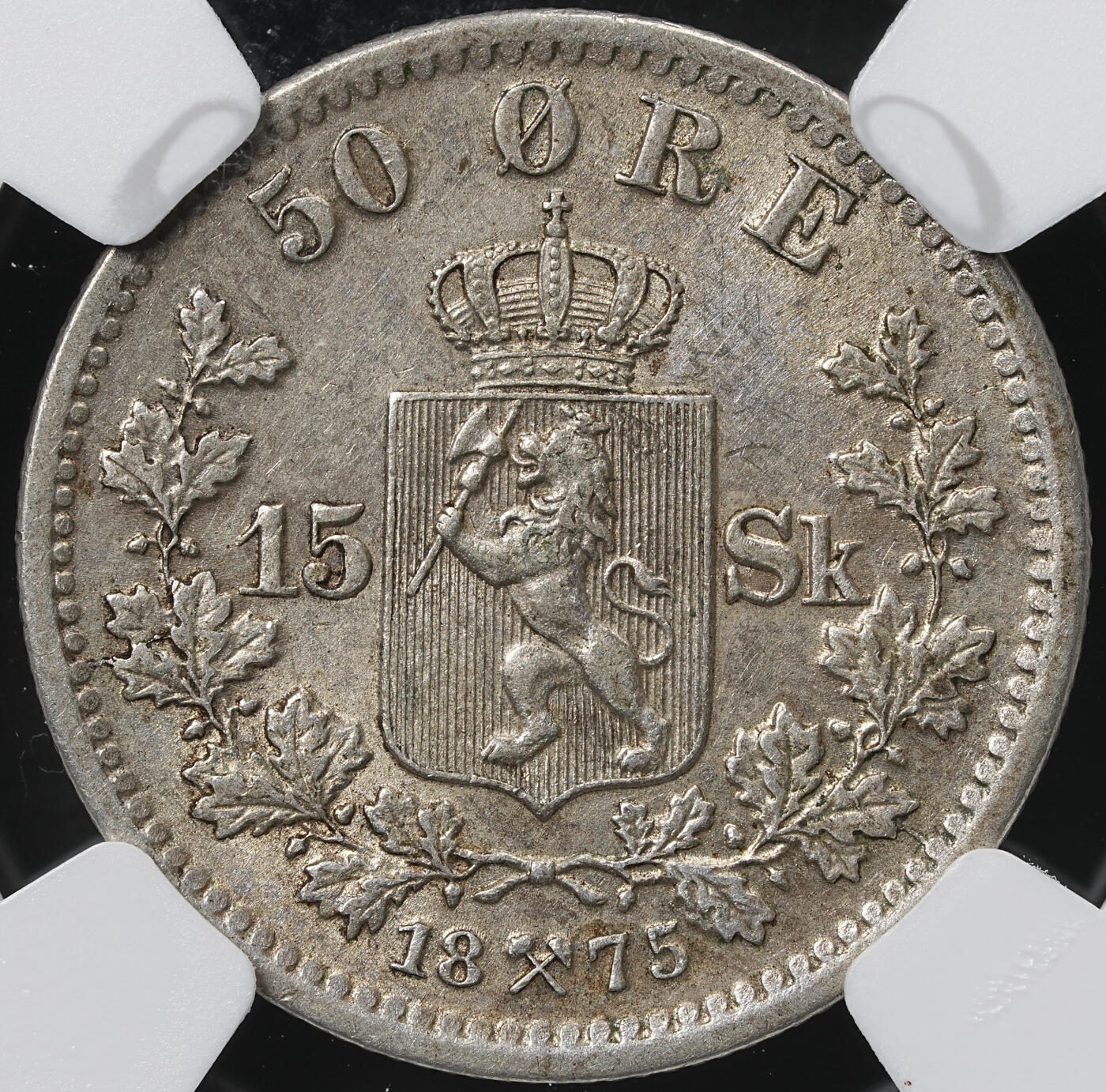 修遠堂世界钱币第六十一期 NGC AU58 1875年挪威50欧尔银币 稀少品种 SBP一枚洗过的VF品成交价520美金  亚军分 更高分仅两枚62