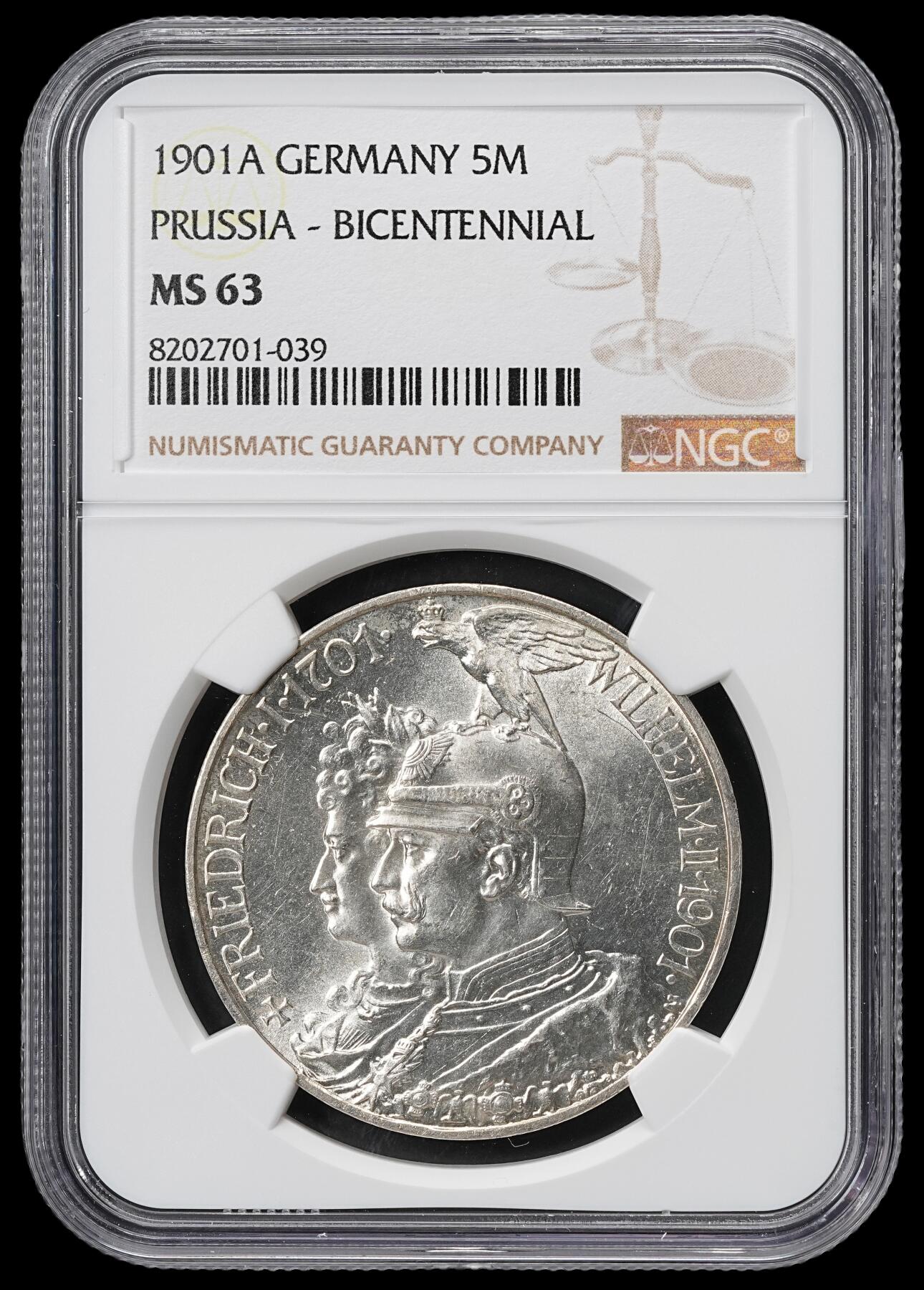 修遠堂世界钱币第六十一期 NGC MS63 1901年普鲁士建国200周年5马克大银币