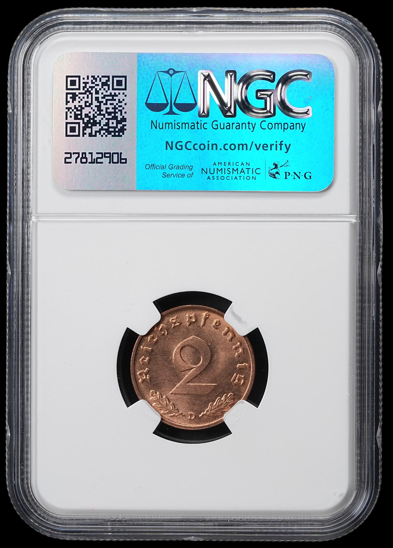 修遠堂世界钱币第六十一期 NGC MS65RD 1939年德国2芬尼铜币 RD难得 D厂铭