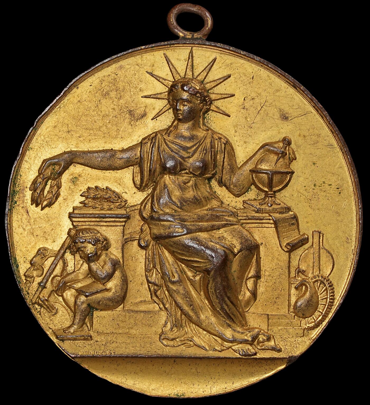修遠堂世界钱币第六十一期 1904年比利时鎏金铜章 边有些磕碰 50.65mm，58.53g