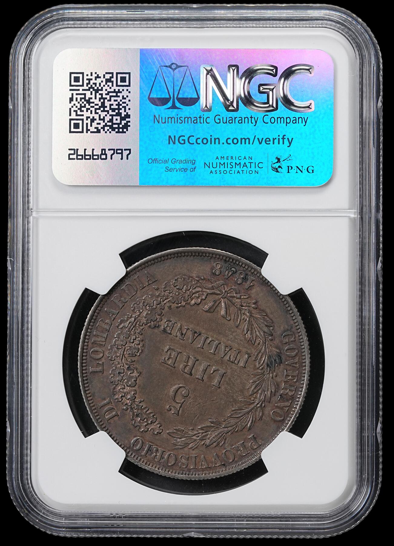 修遠堂世界钱币第六十一期 NGC XF45 1848意大利伦巴第革命政府5里拉大银币 重包浆