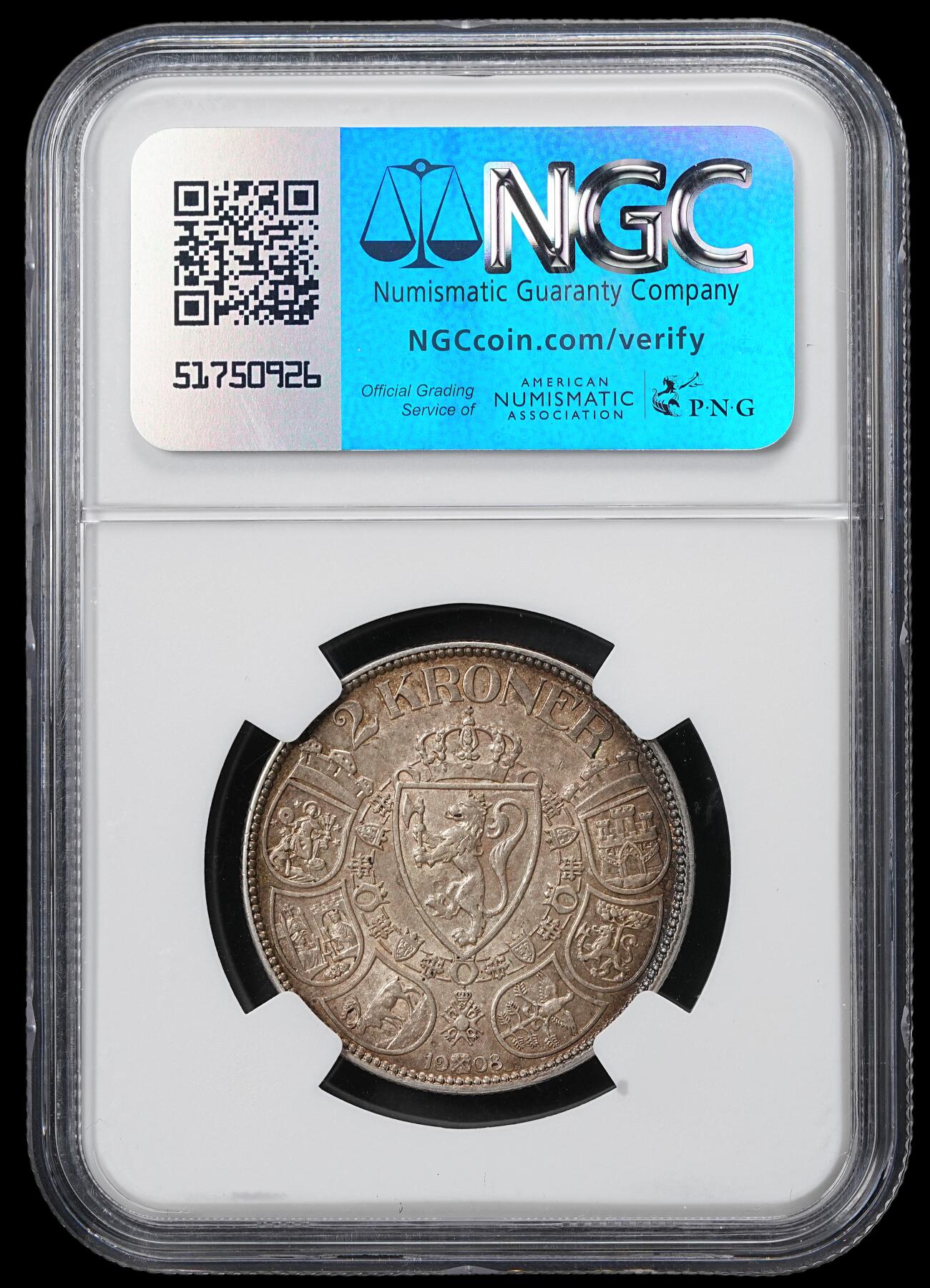 修遠堂世界钱币第六十一期 NGC MS62 1908年挪威2克朗银币 少见品种