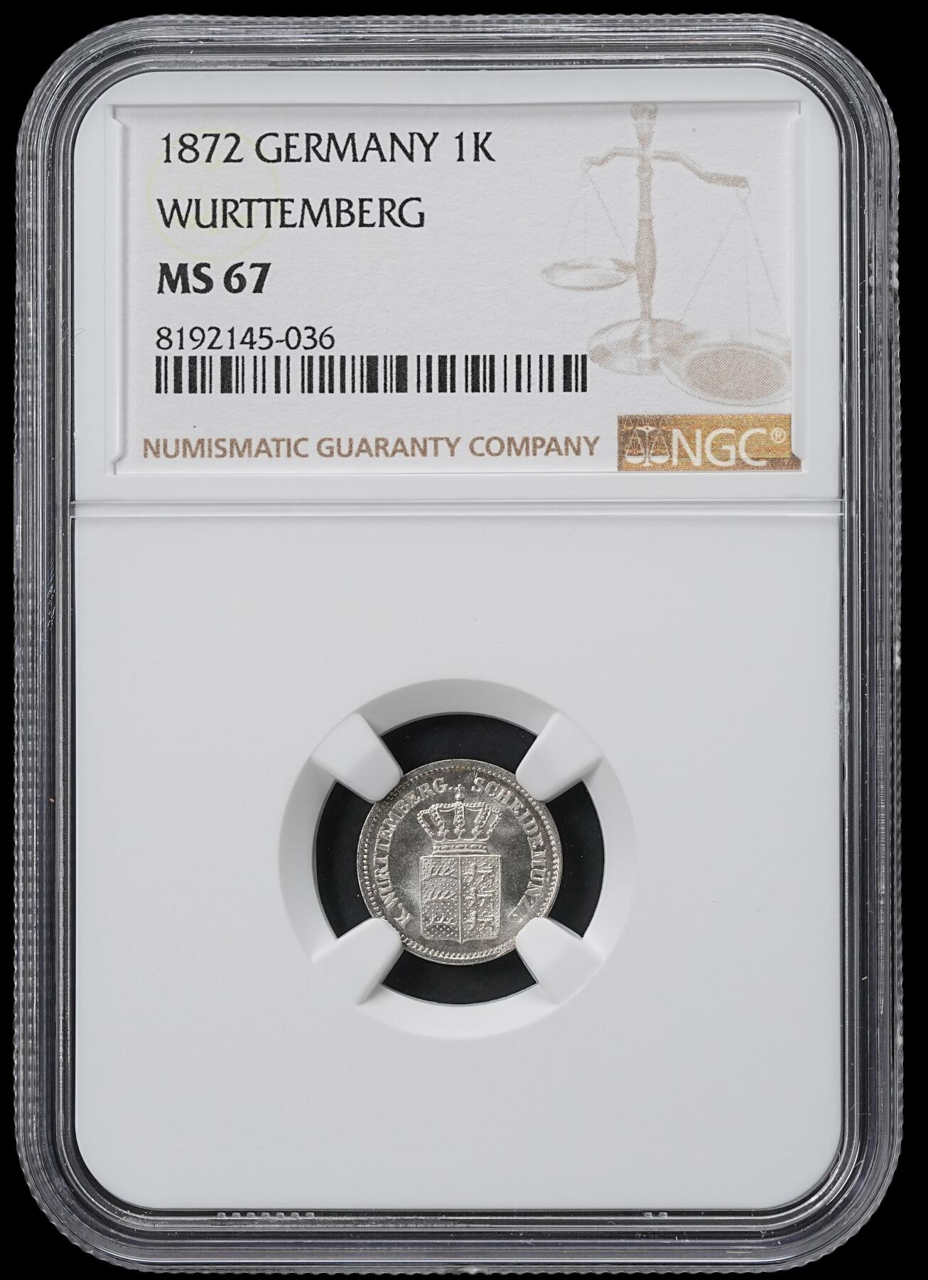 修遠堂世界钱币第六十一期 NGC MS67 1872年符腾堡1克鲁泽银币 顶级状态