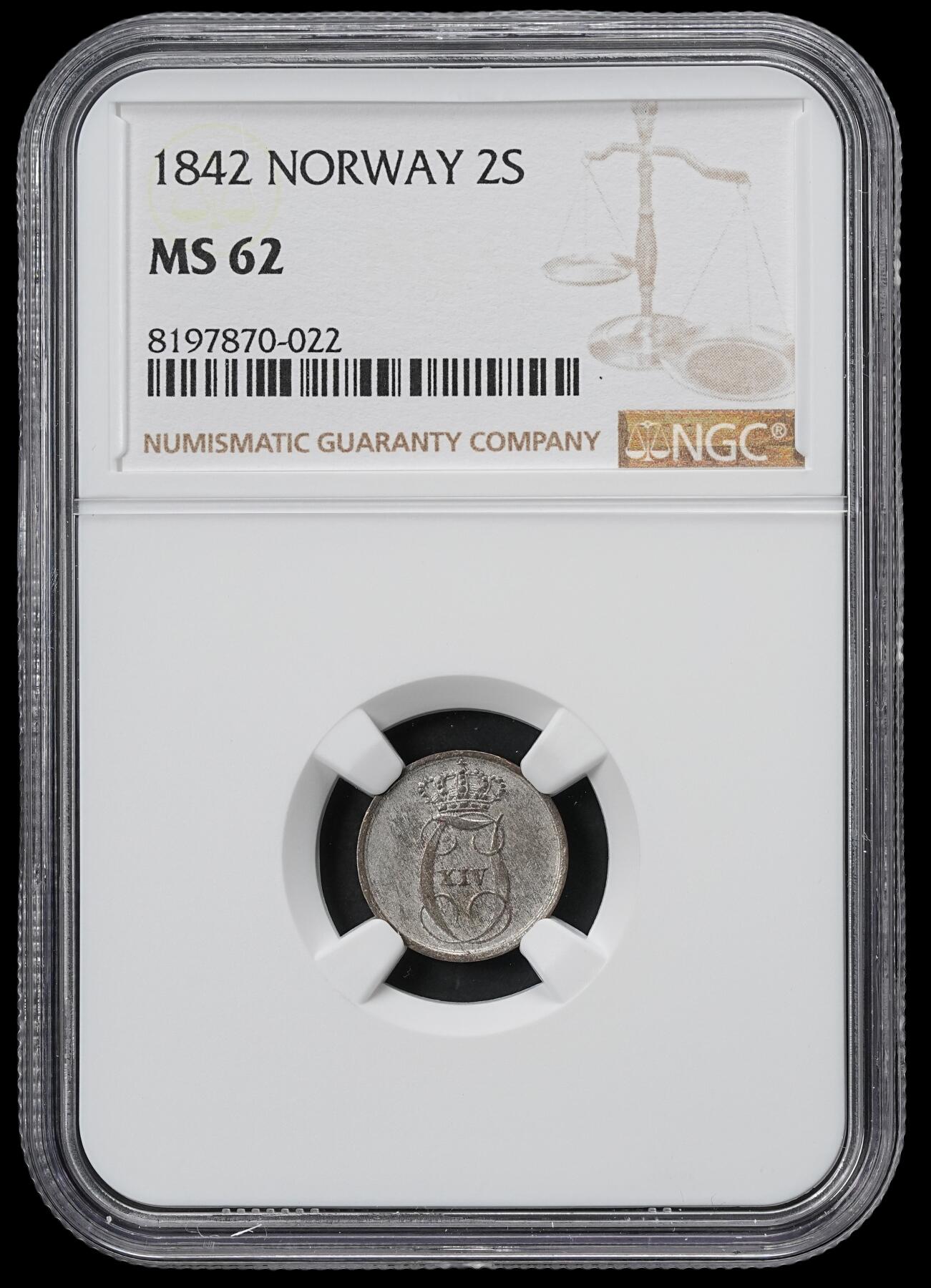 修遠堂世界钱币第六十一期 NGC MS62 1842年挪威2 SKILLING银币