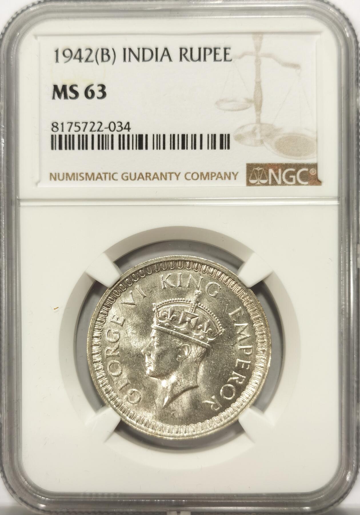 博洋堂世界钱币拍卖第114期（全场包邮） NGC MS63 英属印度1942年B版乔治六世1卢比银币，BU原卷