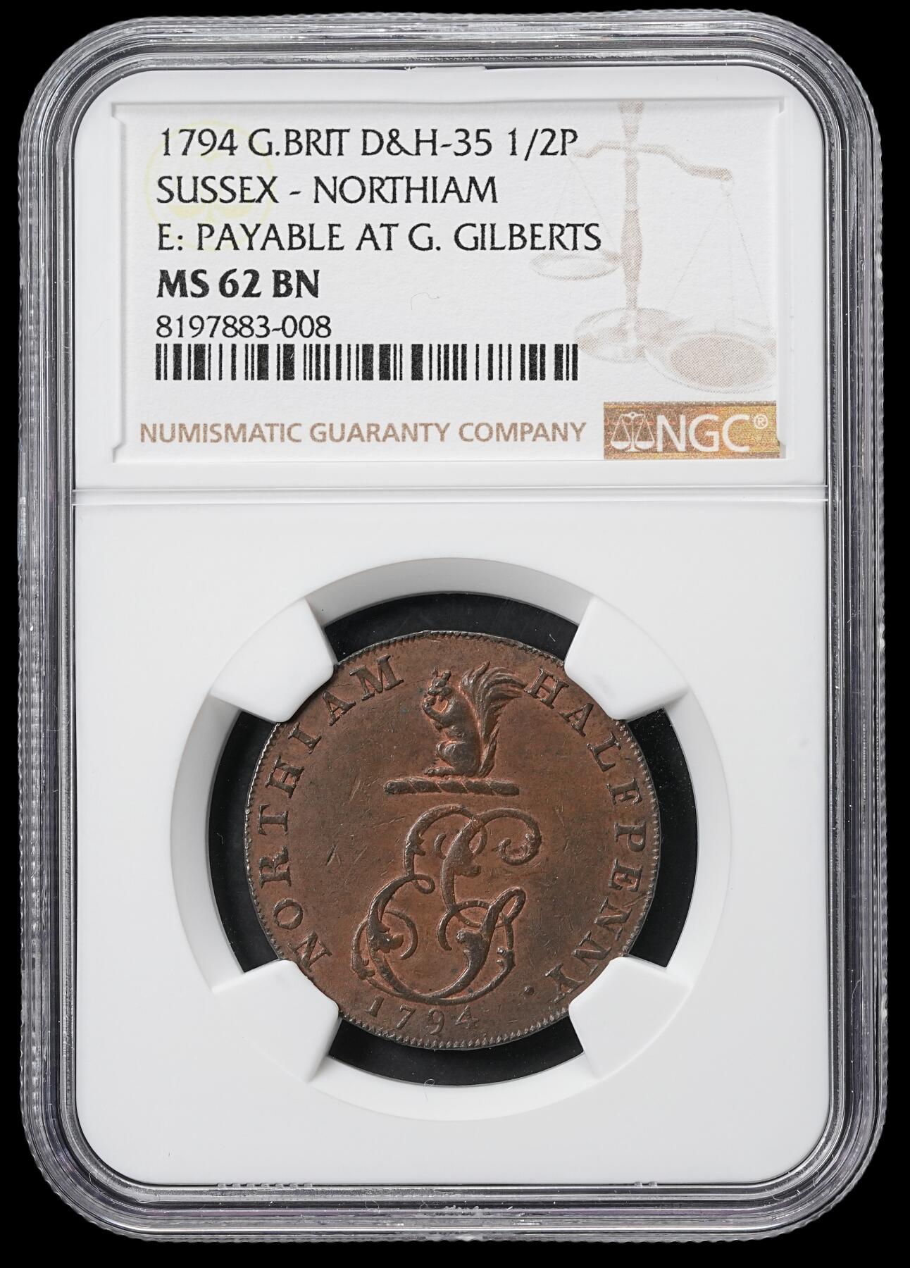 修遠堂世界钱币第六十一期 NGC MS62BN 1794年英国萨塞克斯1/2便士代用币