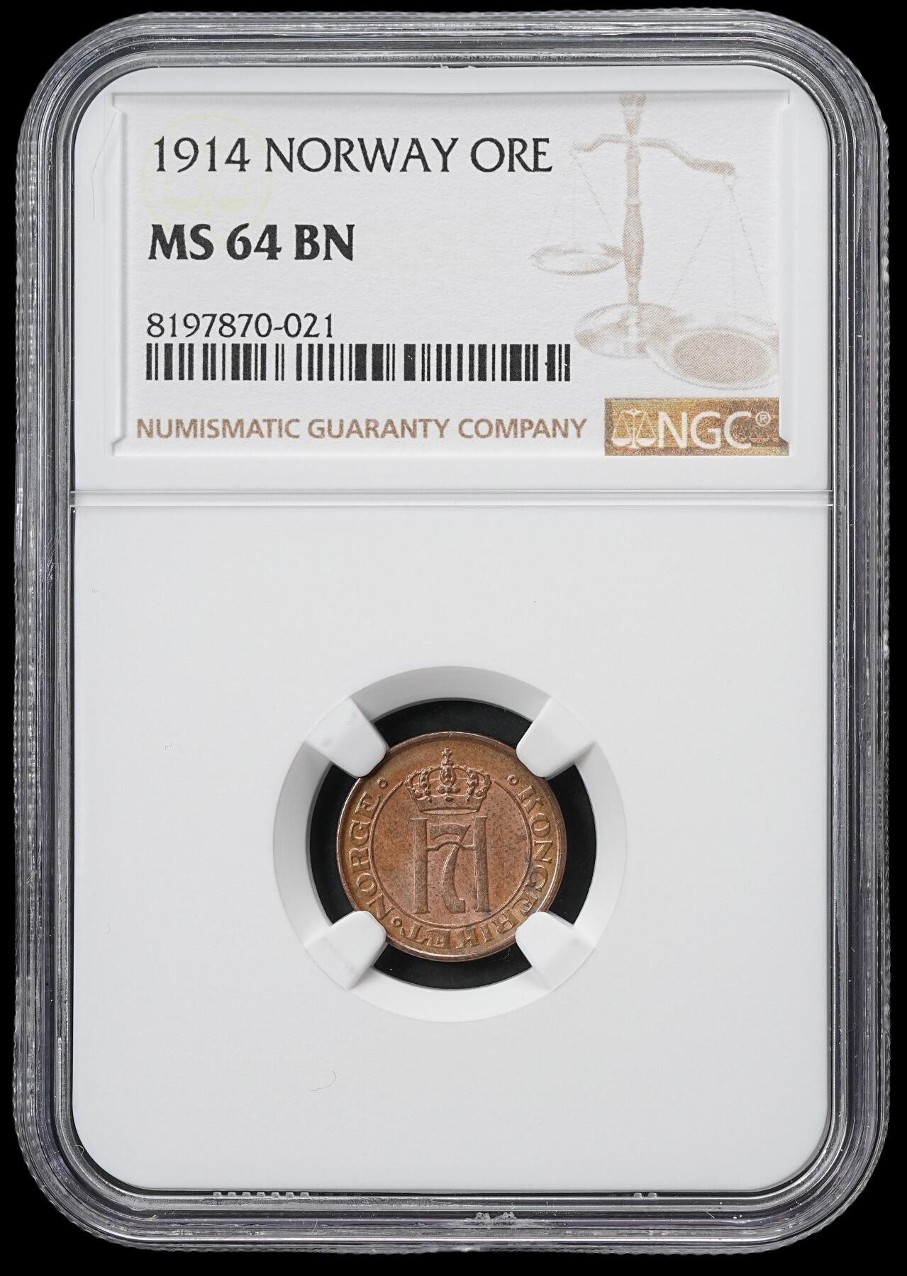 修遠堂世界钱币第六十一期 NGC MS64BN 1914年挪威1欧尔铜币 较少见的早期年份