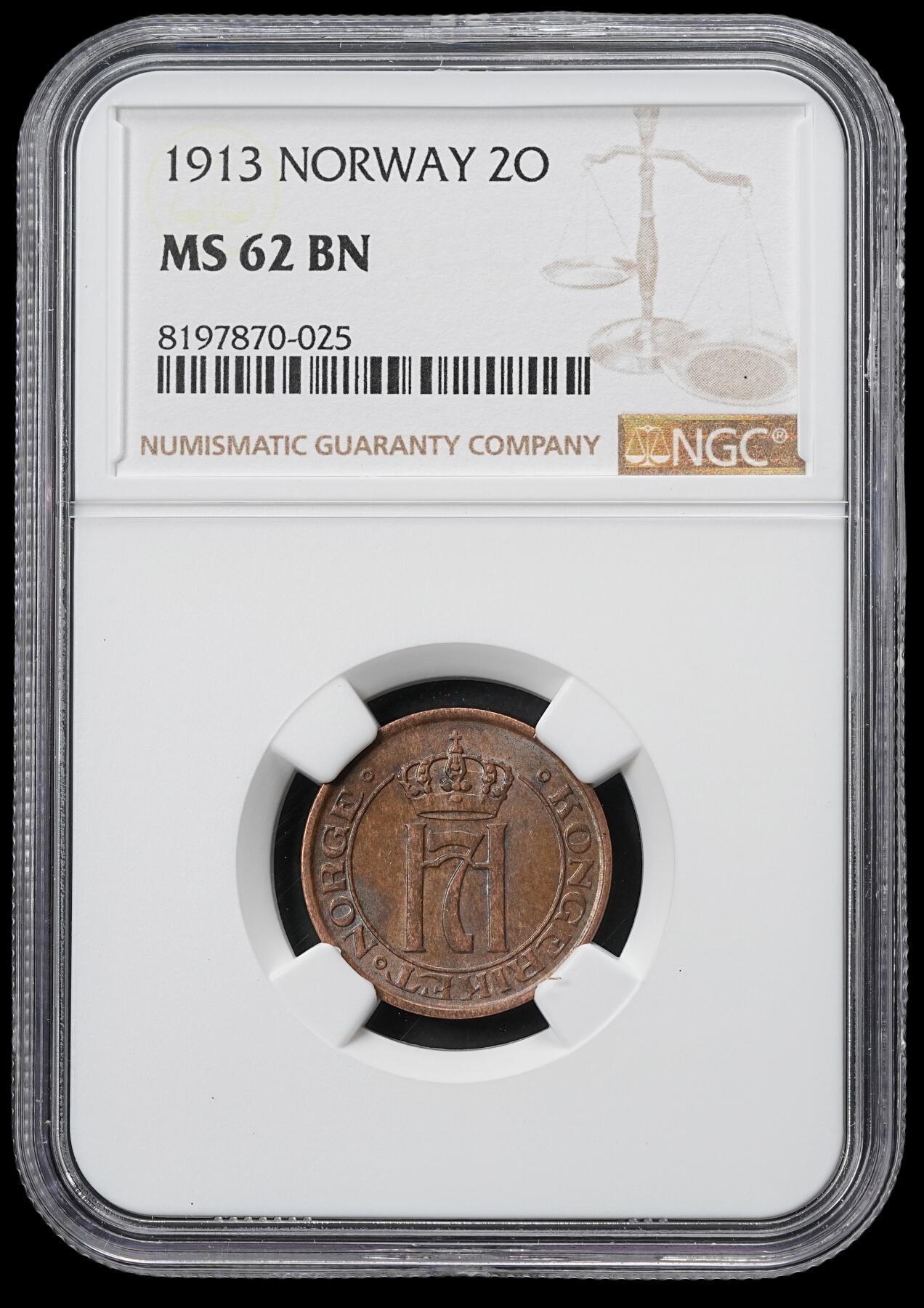 修遠堂世界钱币第六十一期 NGC MS62BN 1913年挪威2欧尔铜币 较少见的早期年份