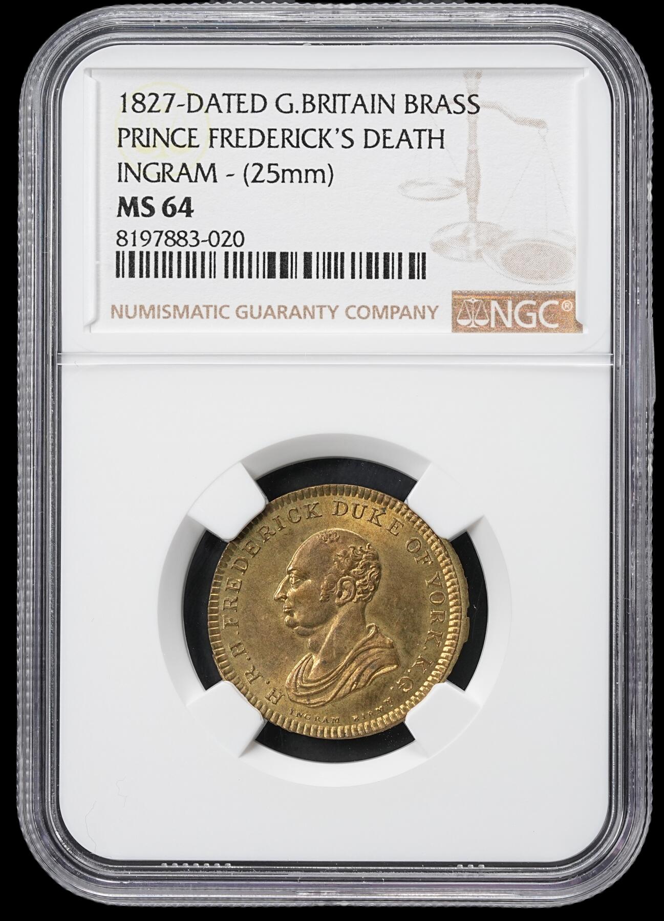 修遠堂世界钱币第六十一期 NGC MS64 1827年英国-弗雷德里克王子逝世纪念币章 黄铜